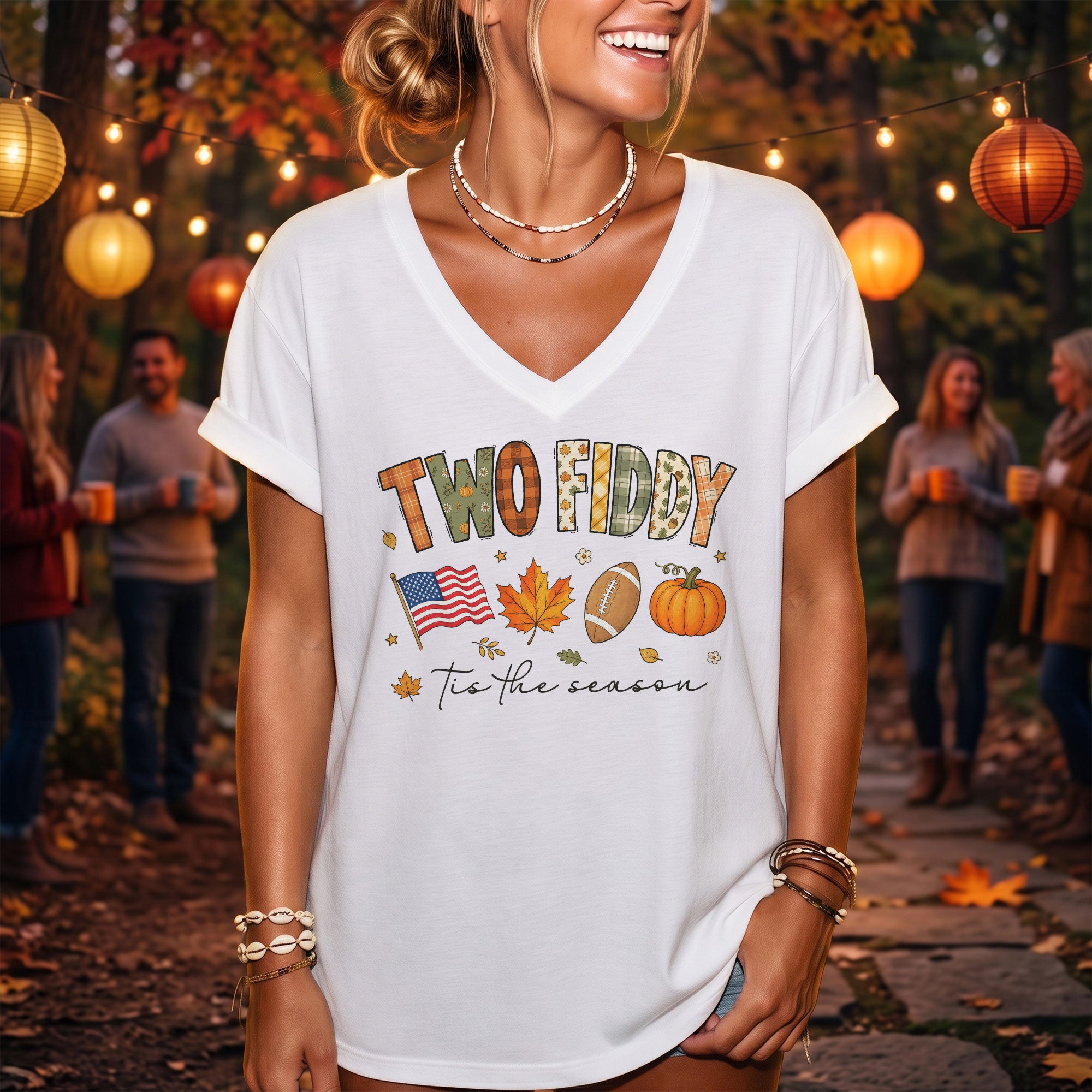 Two Fiddy Patriotic Fall Graphic V-Neck Shirt Seasonal USA Flag Women's Casual Wear