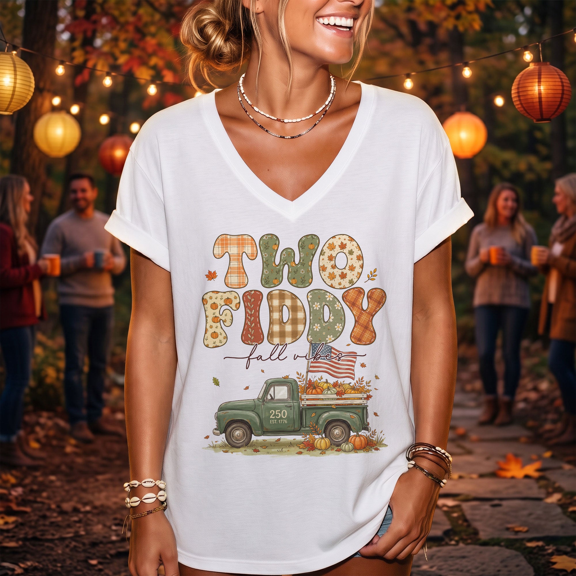 Two Fiddy Fall Vibes V-Neck Graphic T-Shirt Pumpkin Truck Patriotic Women's Casual Top