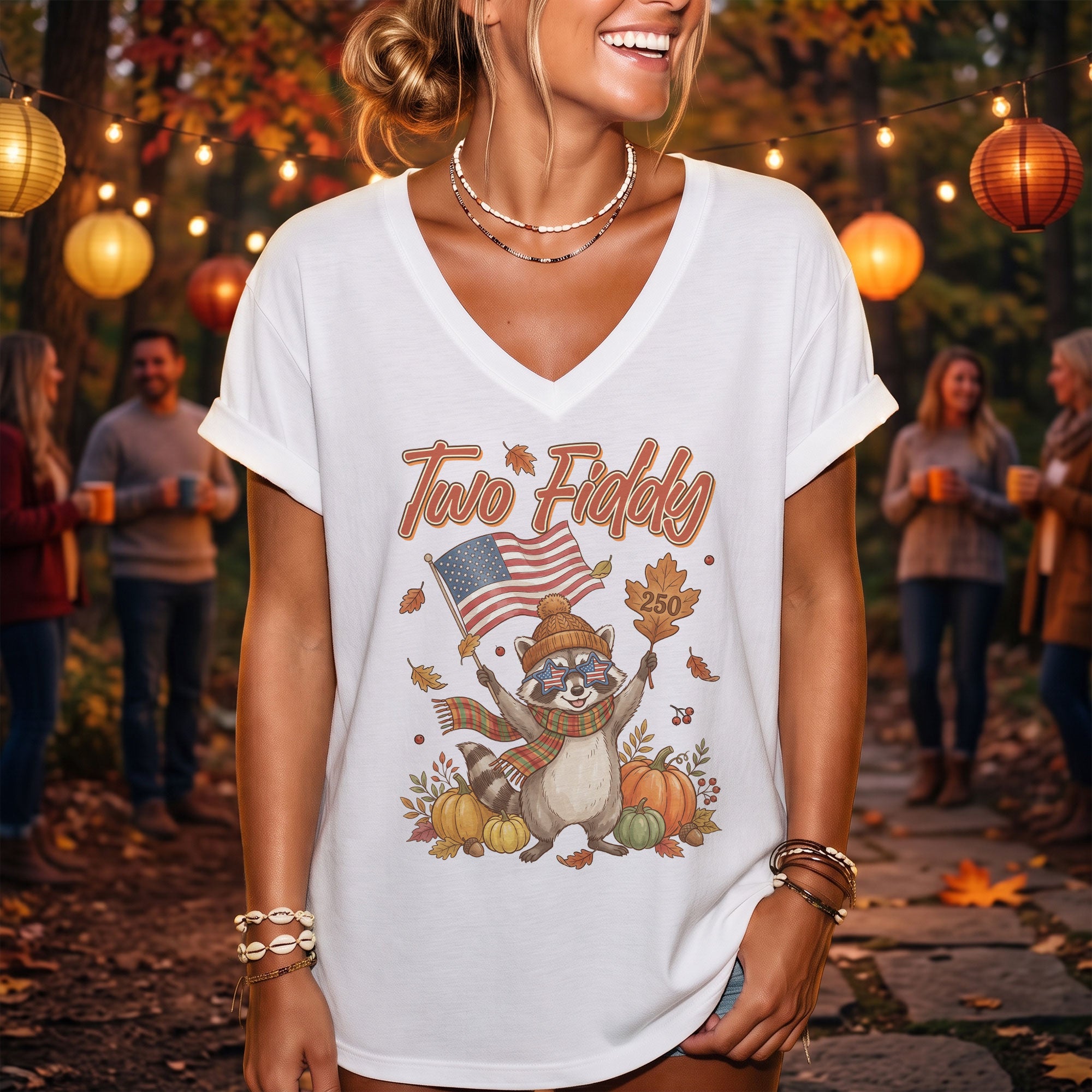 Two Fiddy Patriotic Raccoon V-Neck Graphic T-Shirt Fall Autumn Women's Casual Top