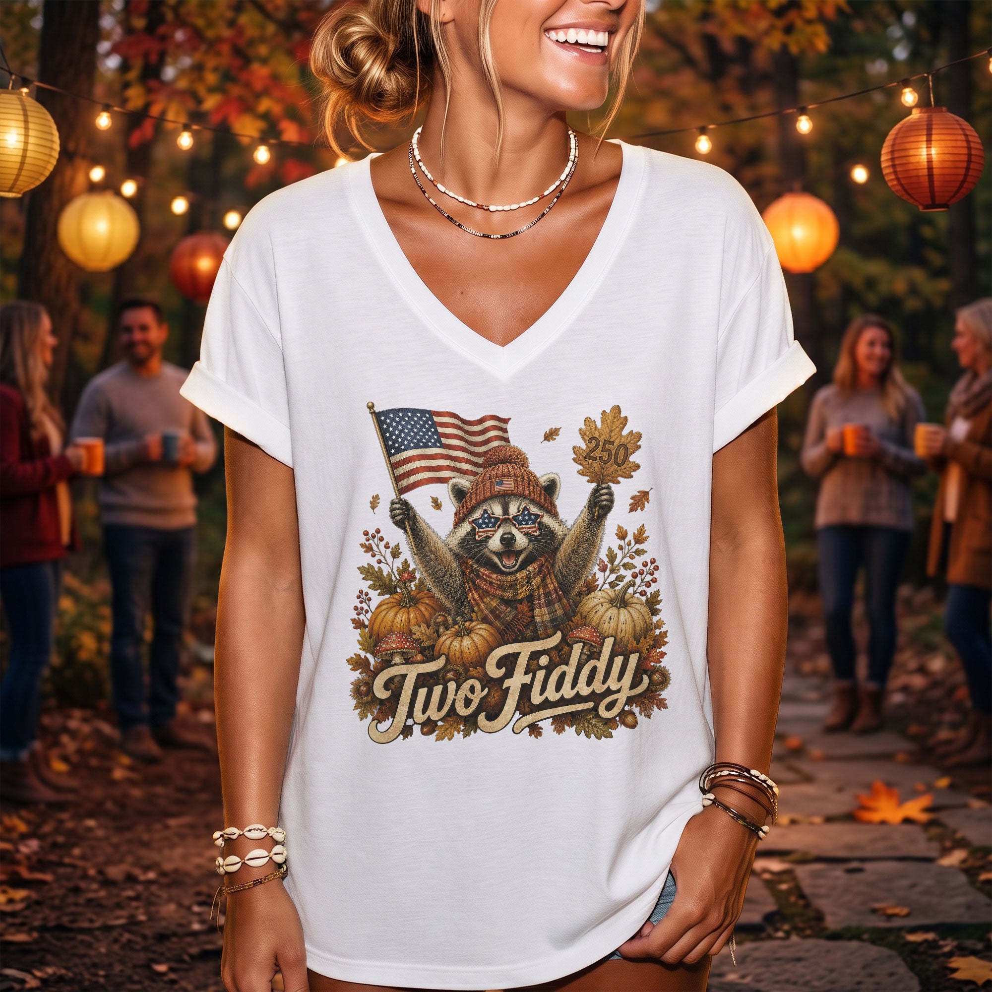 Autumn Seasonal Two Fiddy Graphic V-Neck Tee USA Flag Raccoon Women's Casual Style Shirt