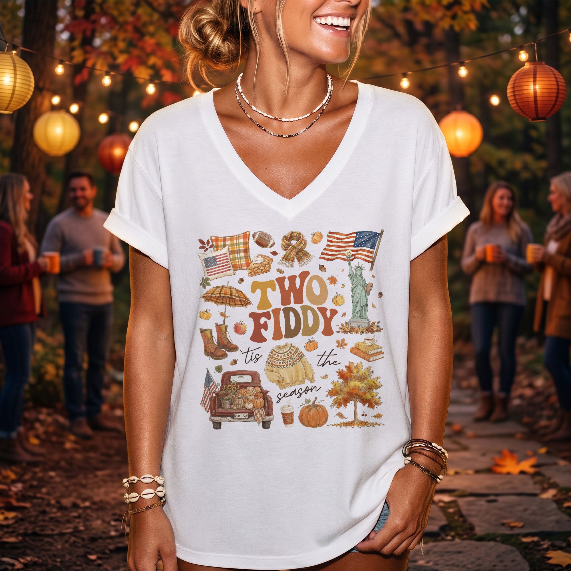Two Fiddy Patriotic Autumn Graphic V-Neck T-Shirt Seasonal Women's Casual Style Shirt
