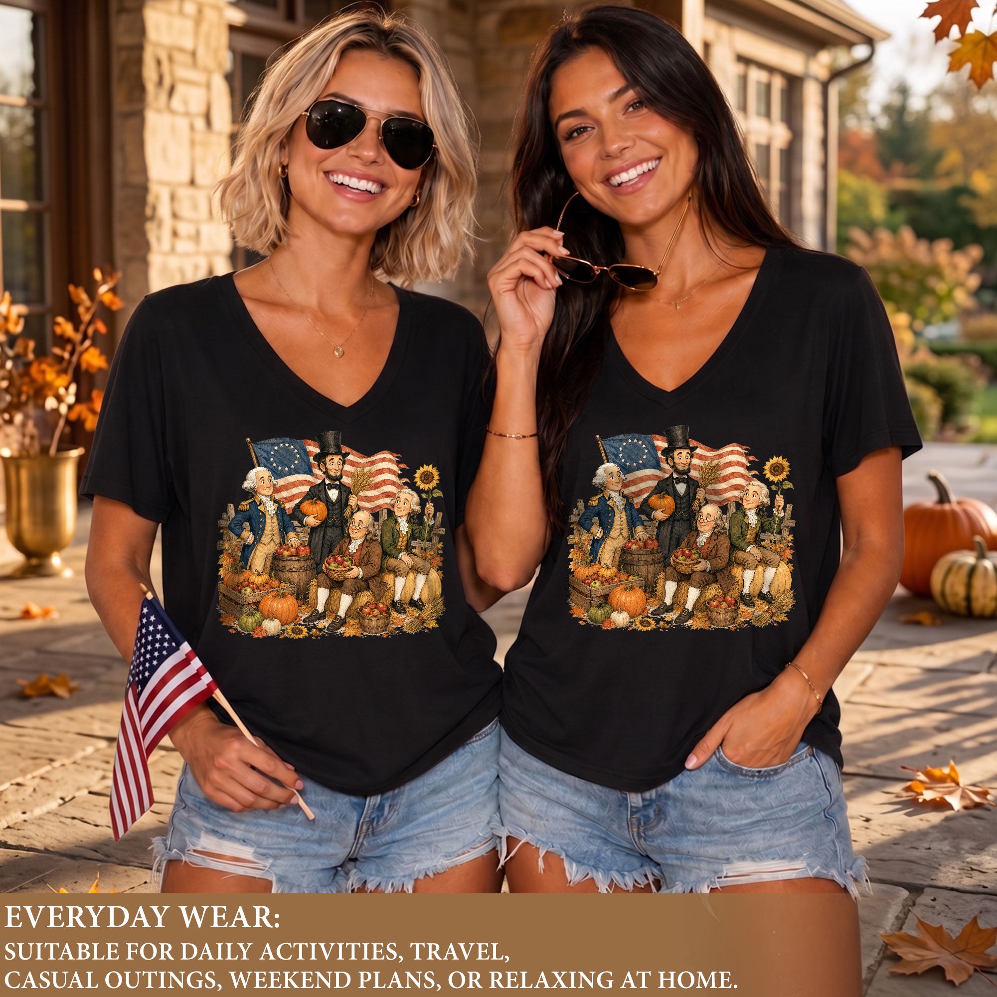 Patriotic Fall V-Neck Shirt Women Cute Presidents Harvest Pumpkin Autumn Graphic Tee