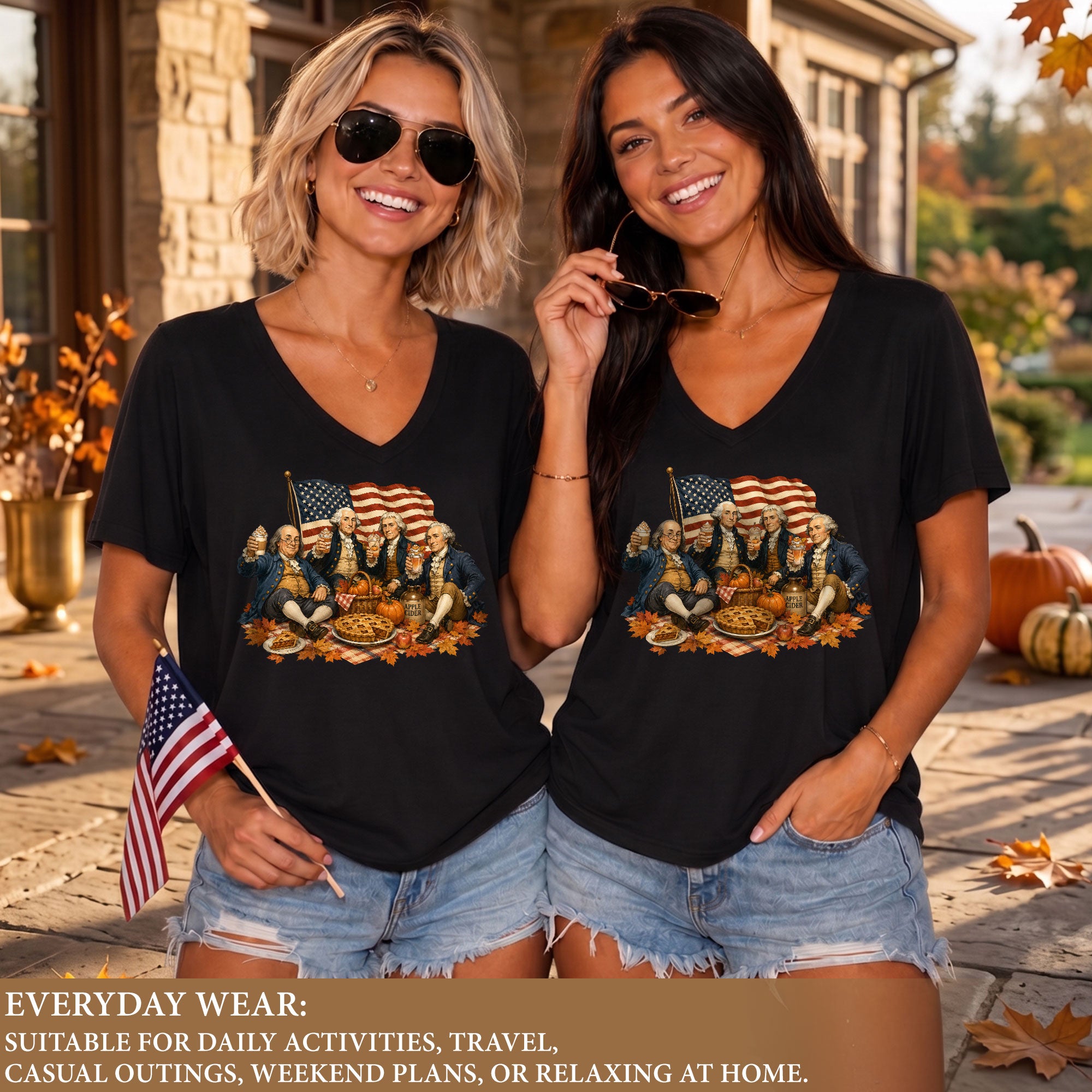 Patriotic Fall V-Neck Shirt Women Cute Founding Fathers Picnic Pumpkin Pie Graphic Tee