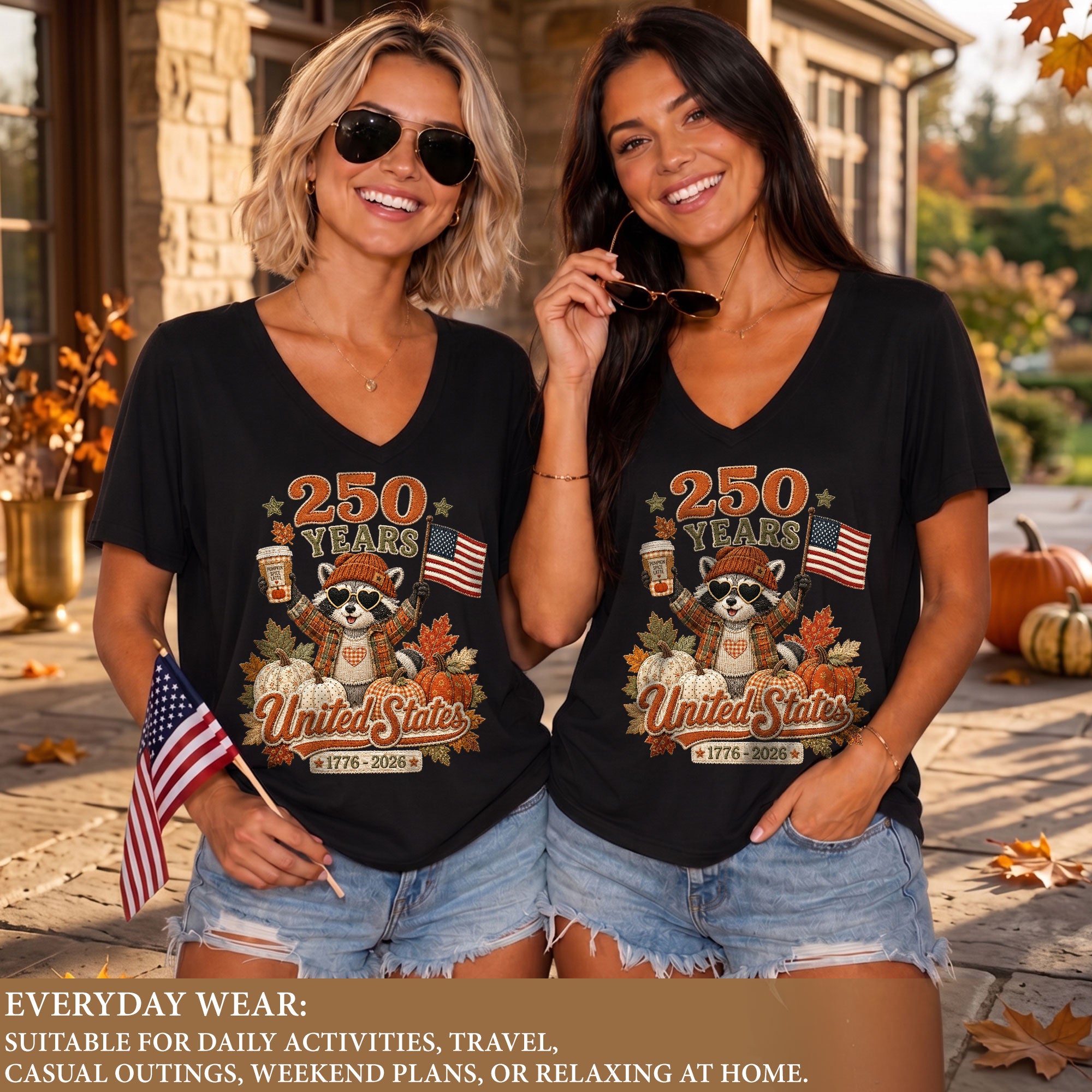 Cute Raccoon Fall V-Neck Shirt Women Spooky Pumpkin Spice Latte Patriotic United States