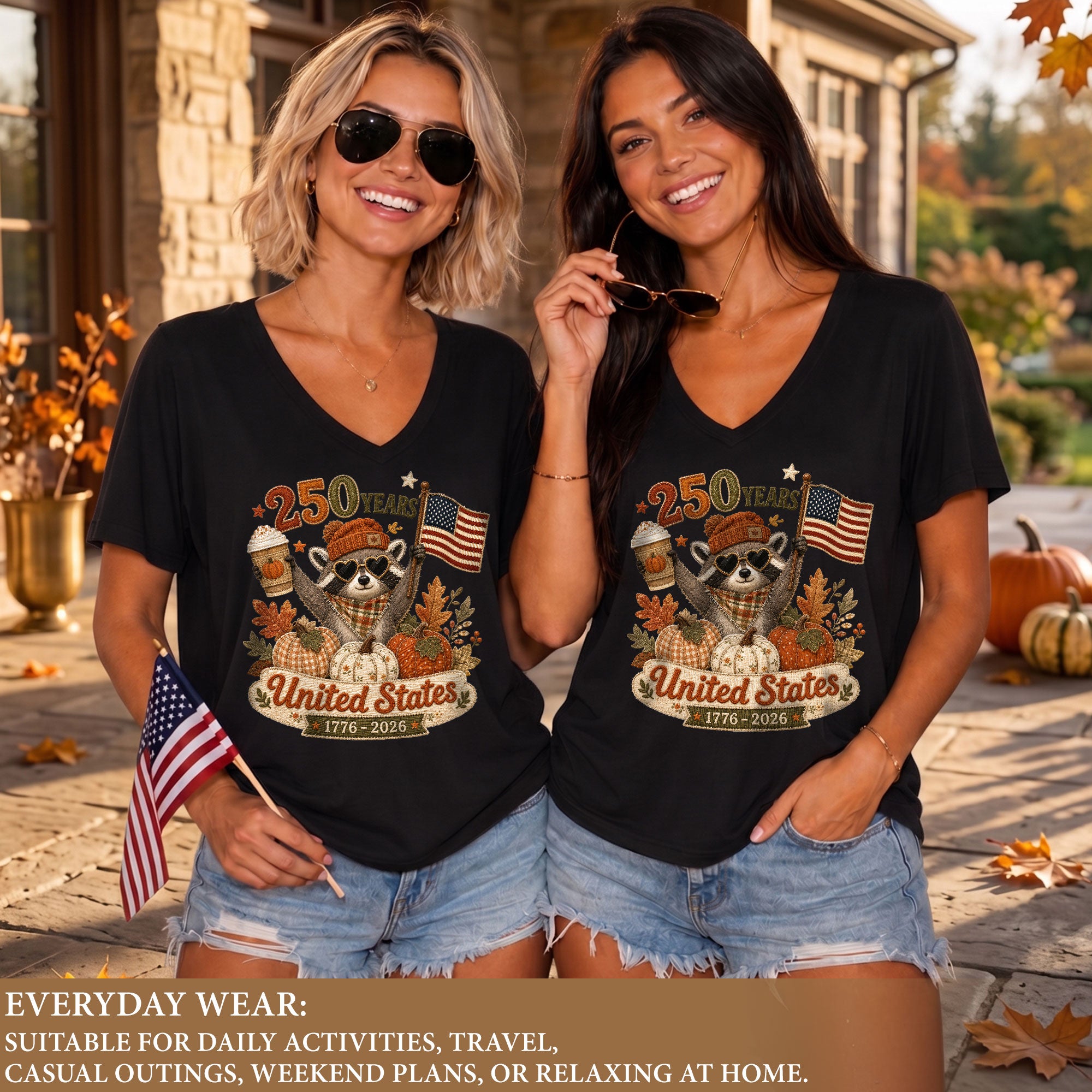 Patriotic Raccoon Fall V-Neck Shirt Women Cute United States Flag Pumpkin Autumn Tee