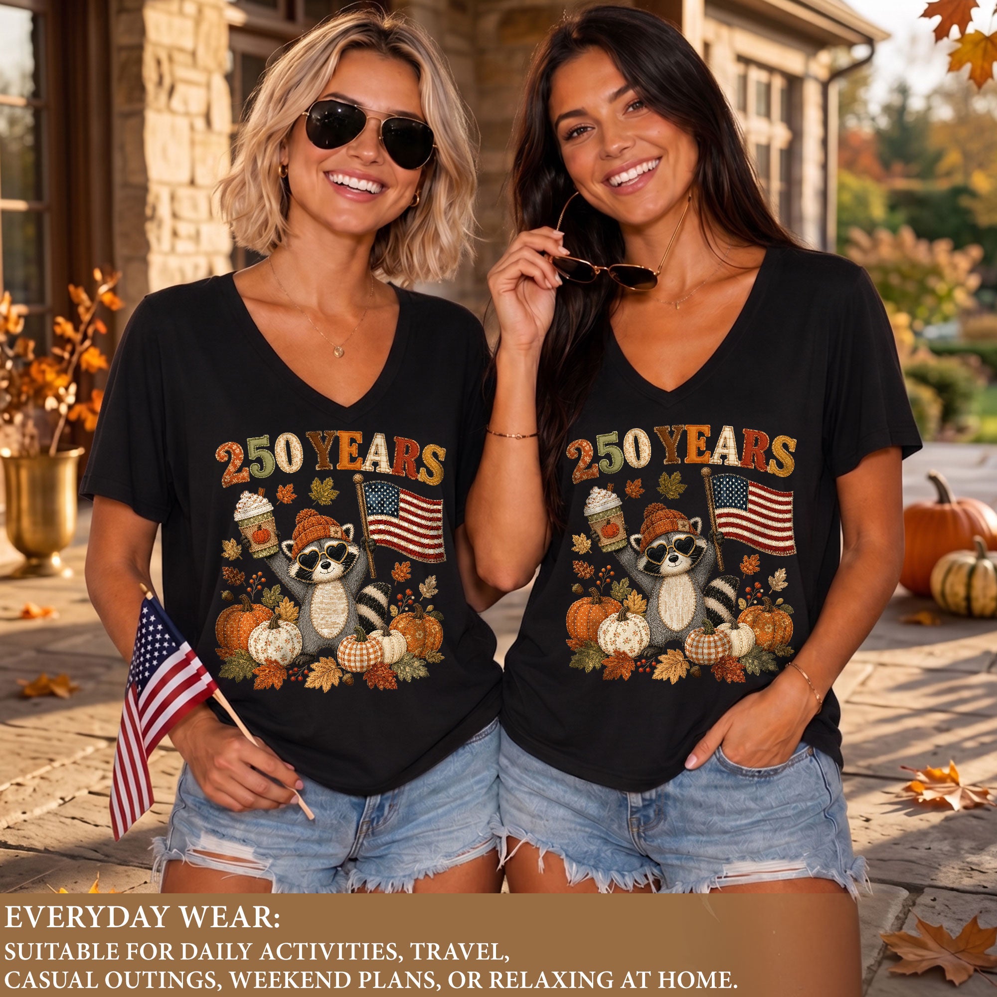 Cute Raccoon Fall V-Neck Shirt Women Pumpkin Spice Latte Patriotic American Flag Tee