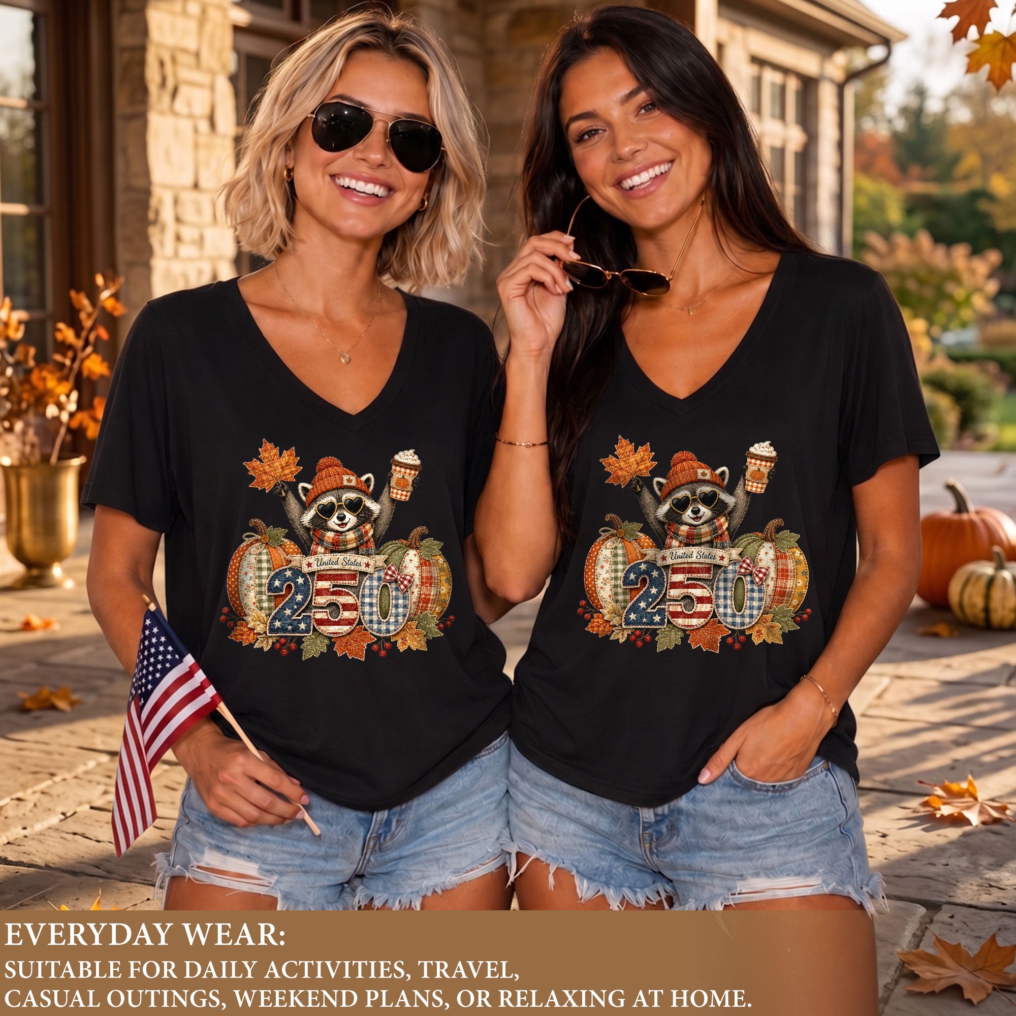 Patriotic Raccoon Fall V-Neck Shirt Women Cute Country Pumpkin Autumn Flag Graphic Tee
