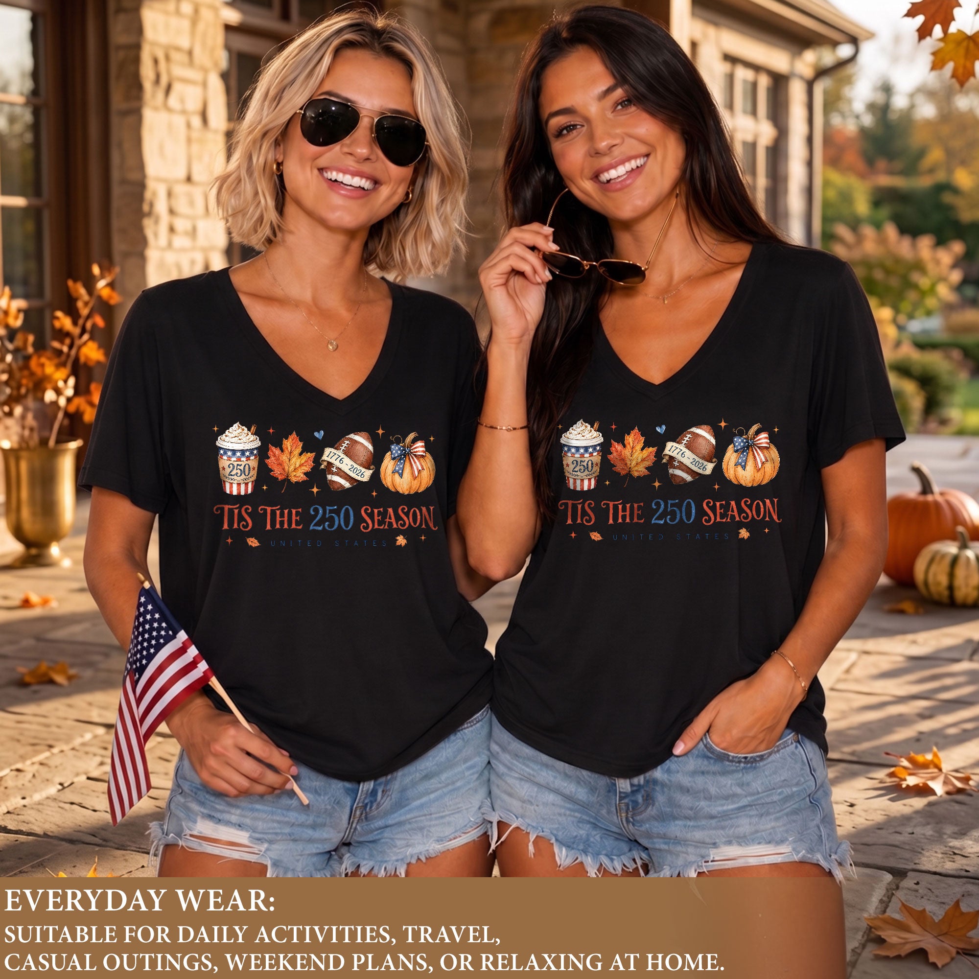 Patriotic Fall Football V-Neck Shirt Women Spooky Pumpkin Spice Latte United States Tee