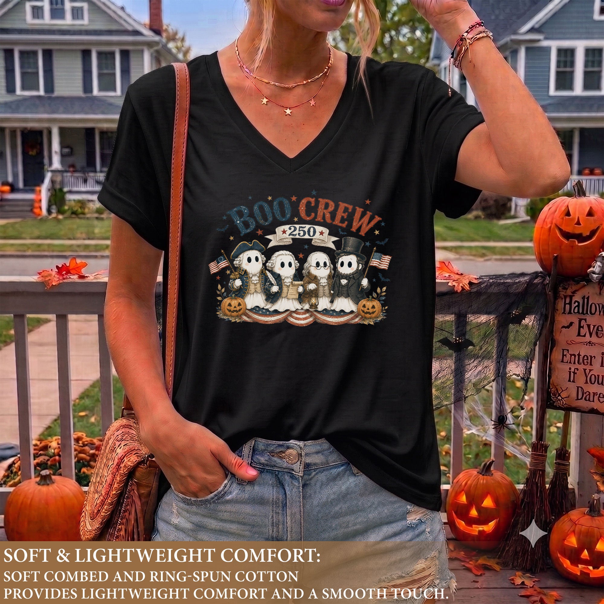 Patriotic Boo Crew Halloween V-Neck Shirt Women Cute Ghost Historical Figures Tee