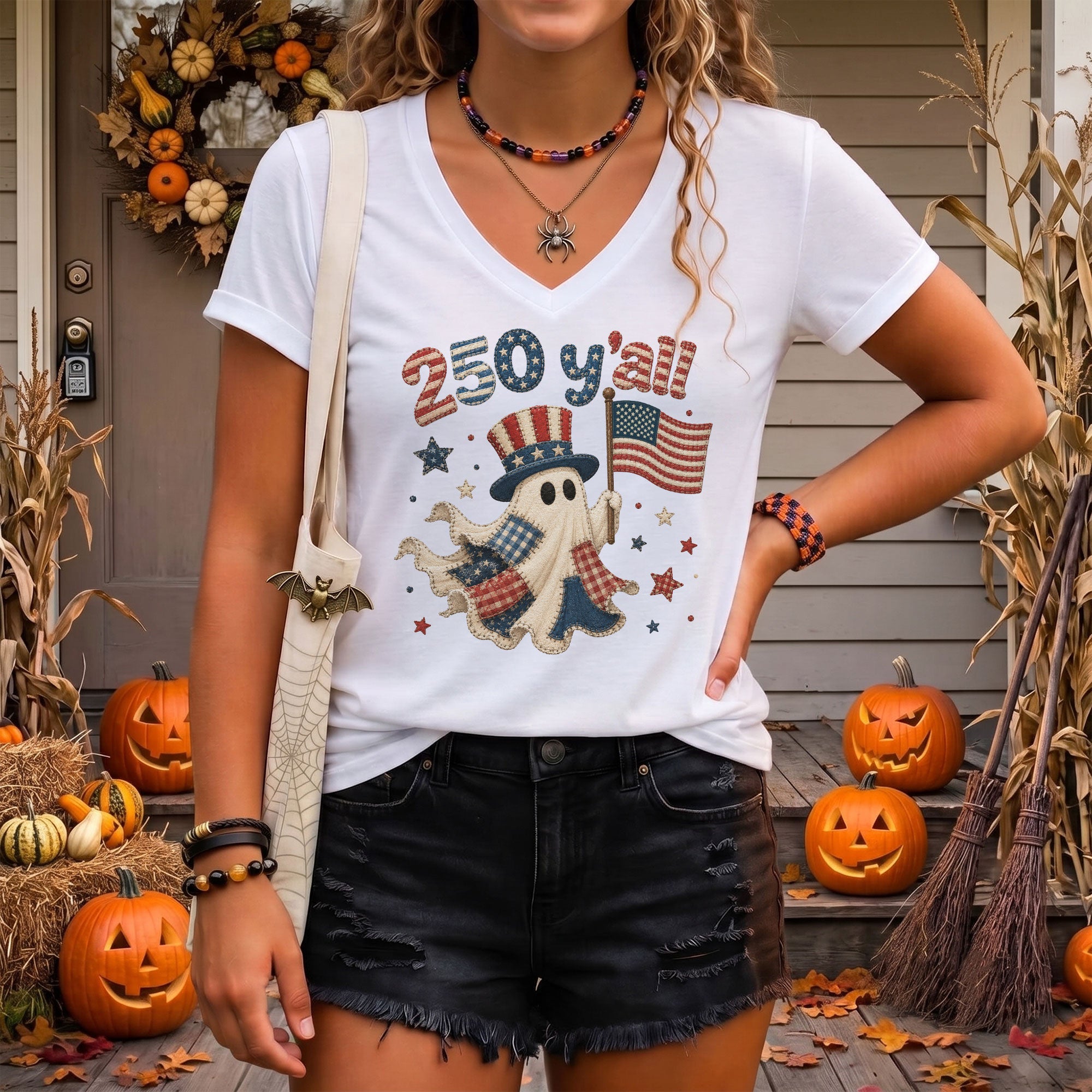 Patriotic Ghost Halloween V-Neck Shirt Women Cute Southern Y'all Uncle Sam Hat Tee