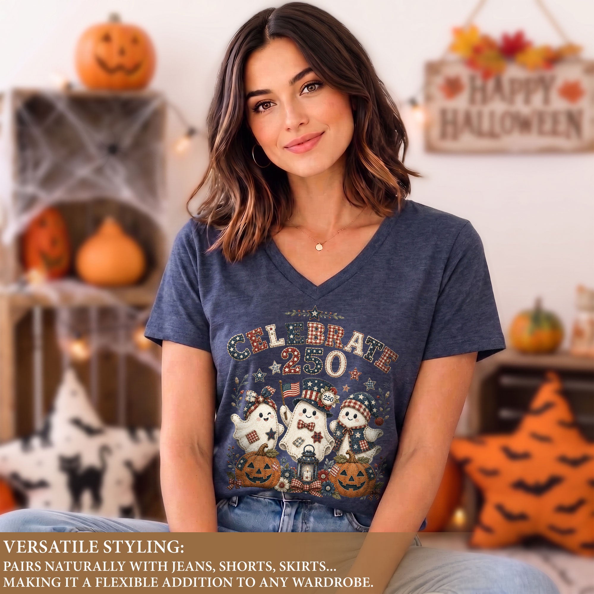Patriotic Ghost Halloween V-Neck Shirt Women Cute Spooky Celebrate Party Graphic Tee
