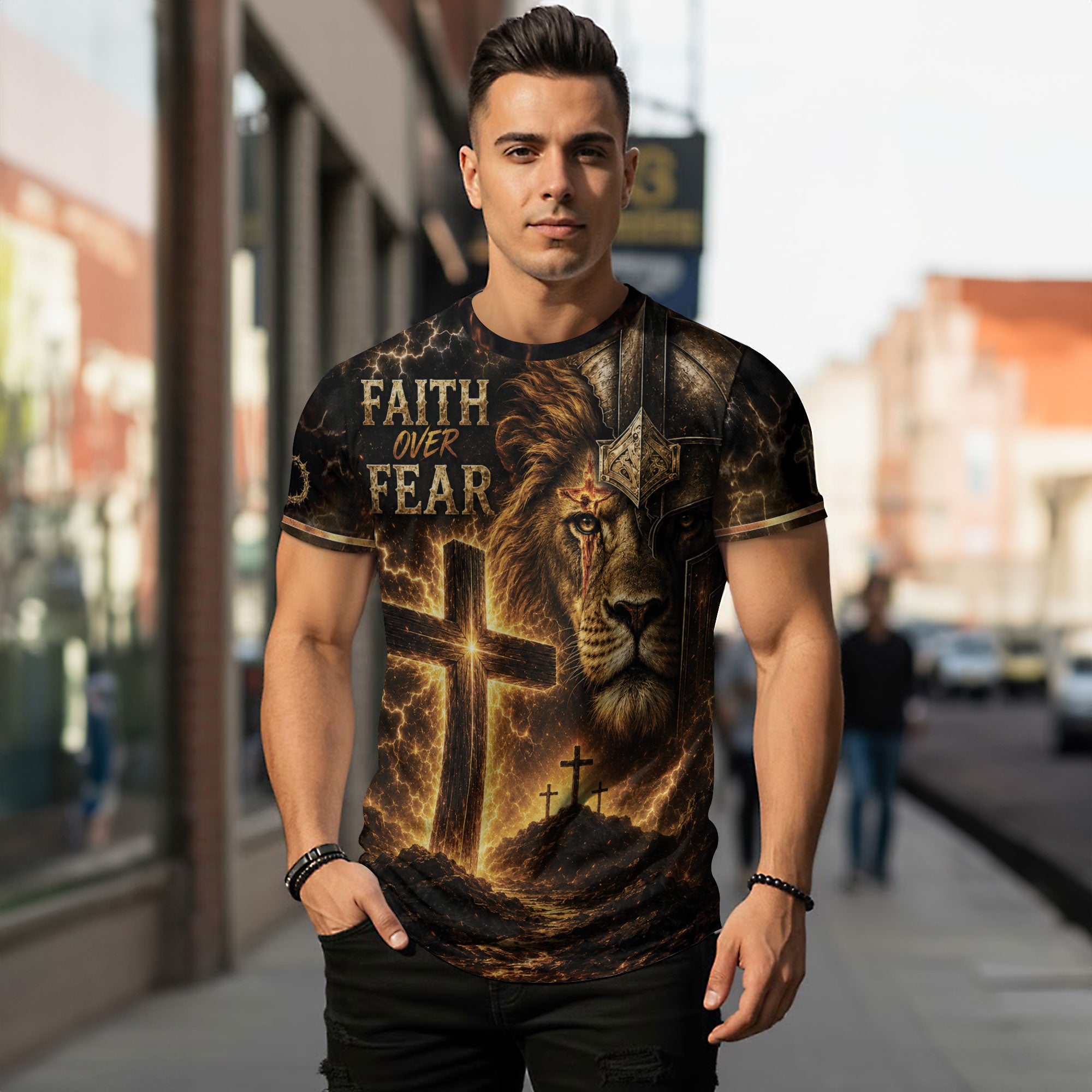 Faith Over Fear Lion Cross Warrior 3D Graphic Christian T Shirt Apparel Men Clothing