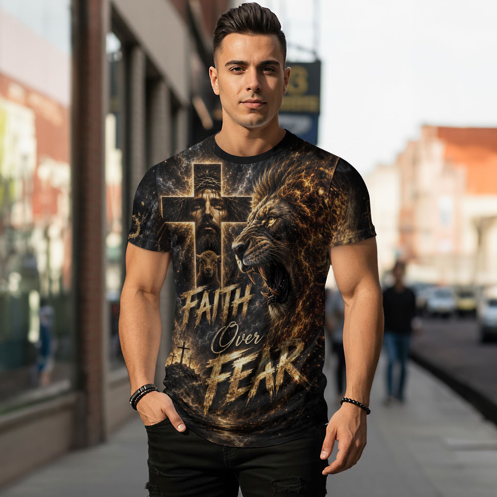 Faith Over Fear Jesus Lion Cross 3D Graphic Christian T Shirt Apparel Men Clothing