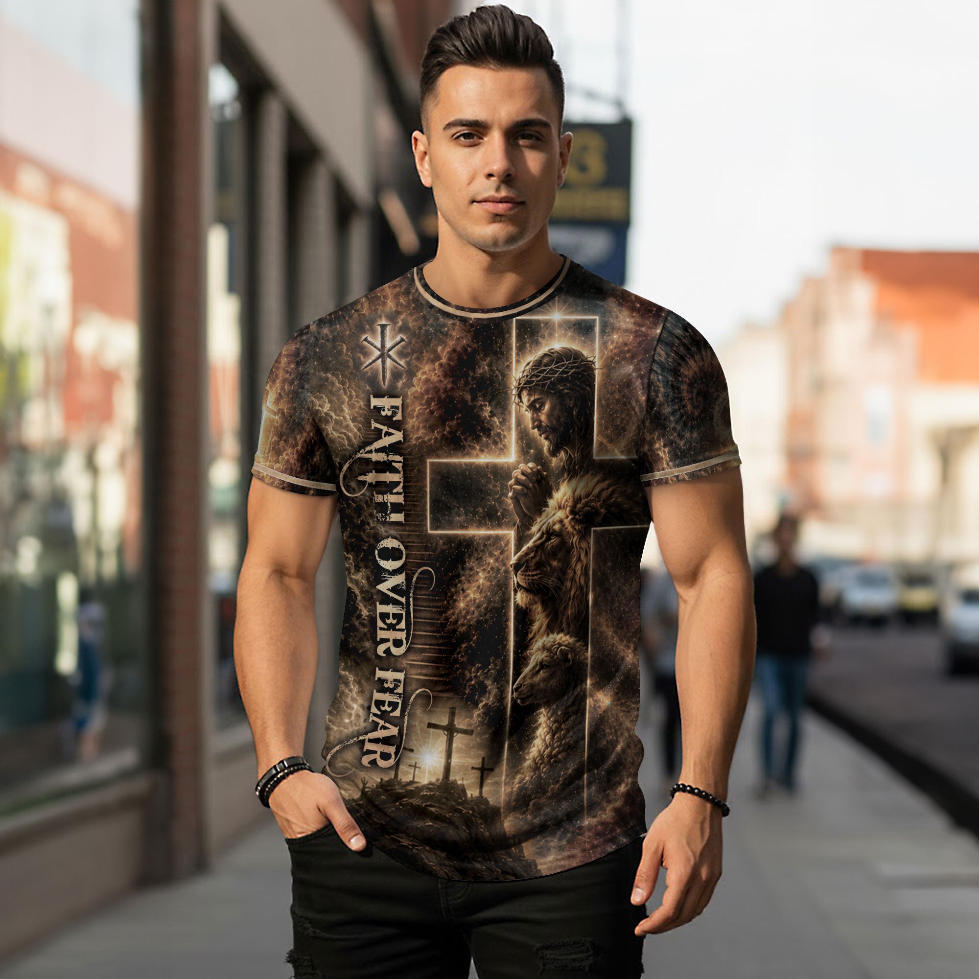 Jesus Lion Cross Faith Over Fear 3D Graphic Christian T Shirt Apparel Men Clothing