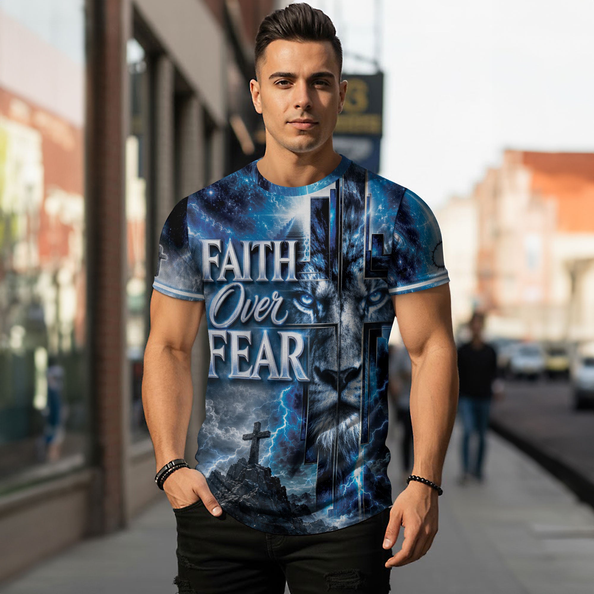 Faith Over Fear Lightning Lion Cross 3D Graphic Christian T Shirt Apparel Men Clothing