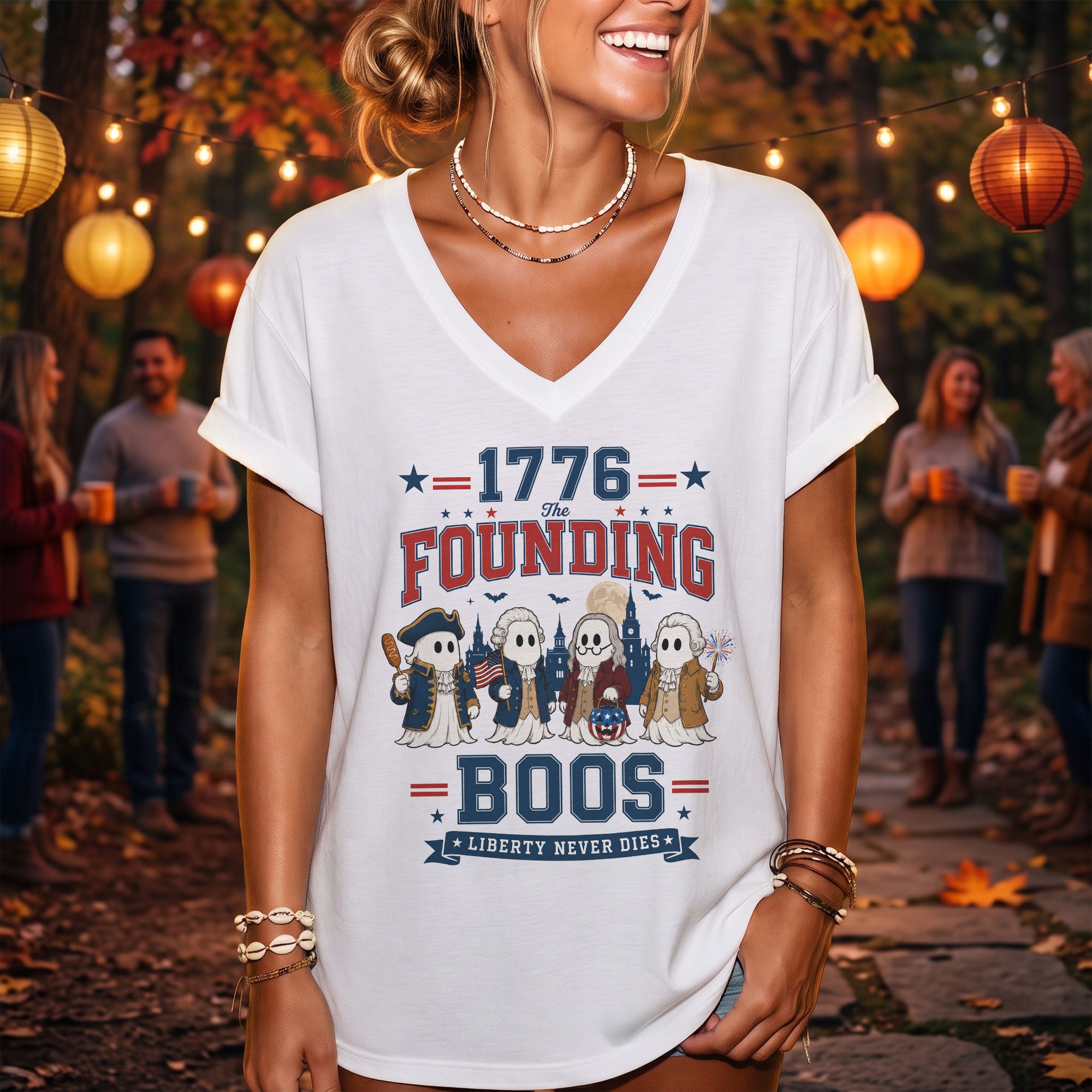 1776 Founding Boos V Neck Shirt Funny Patriotic Ghost Women Graphic Tee Vintage