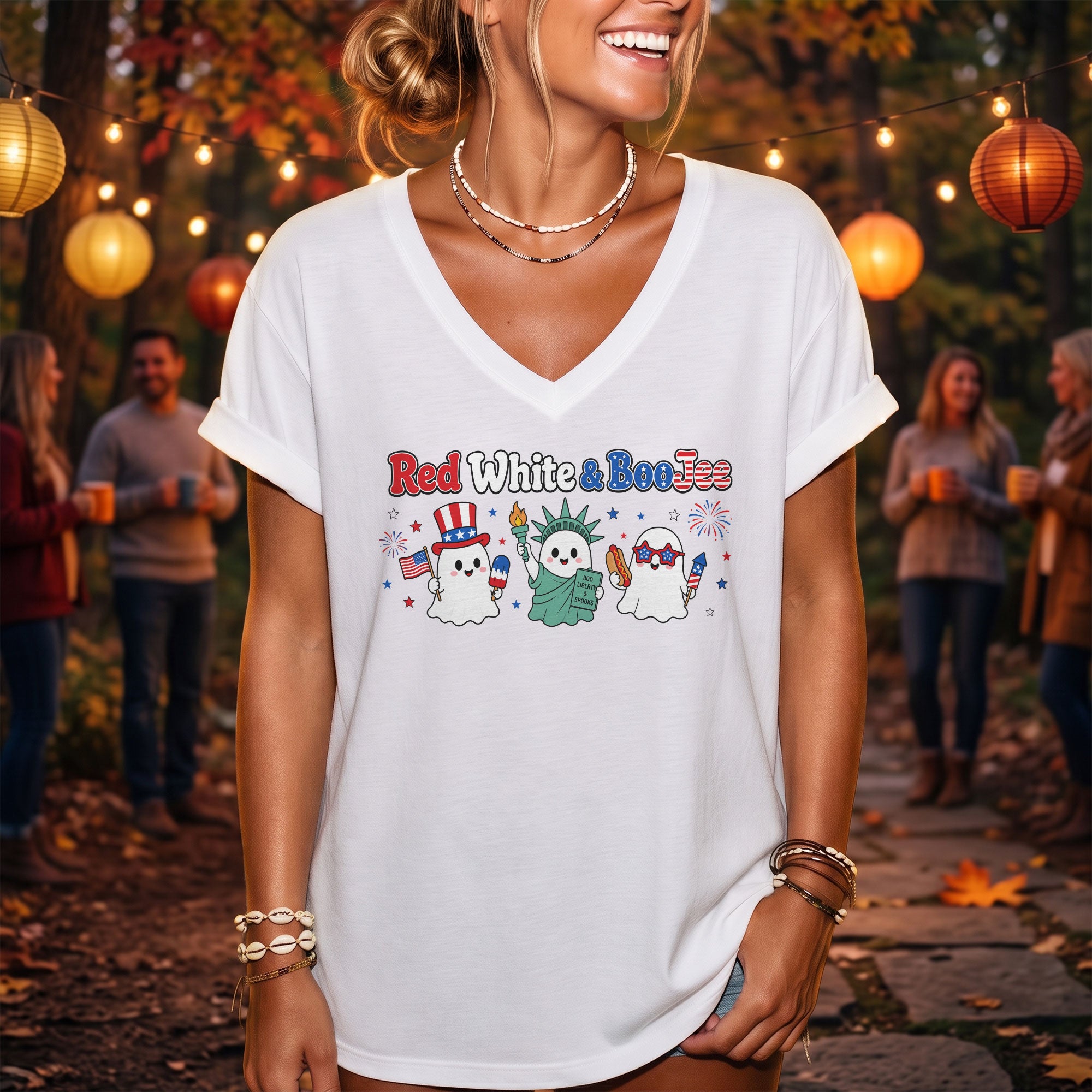 Red White And BooJee V Neck Shirt Cute Patriotic Ghost Women Graphic Tee