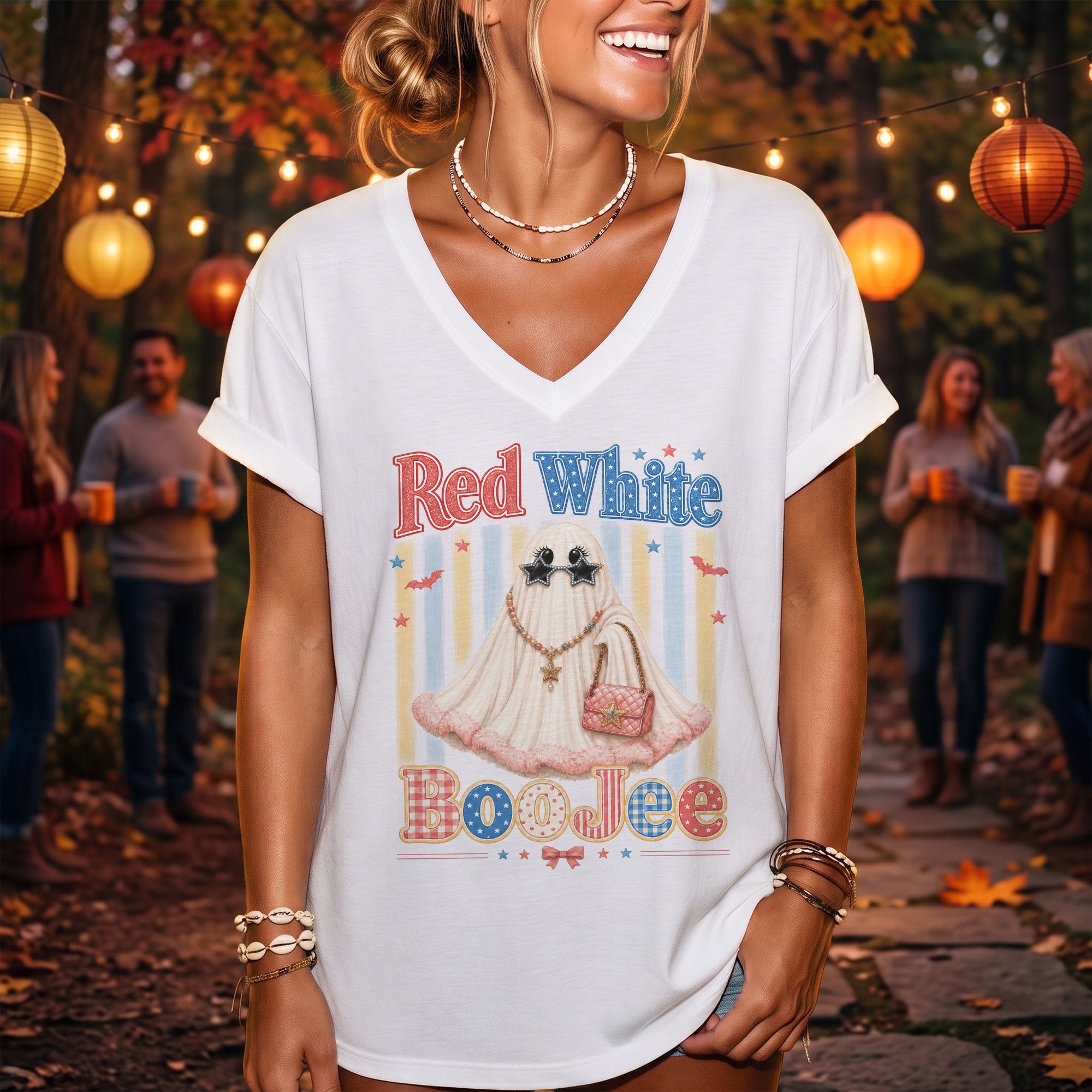 Red White BooJee V Neck Shirt Glam Ghost Fashion Patriotic Women Graphic Tee