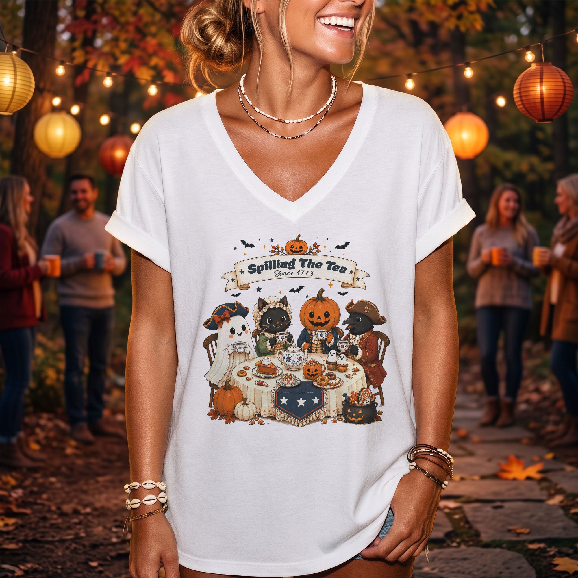 Spilling The Tea Since 1773 V Neck Shirt Funny Ghost Pumpkin Women Graphic Tee