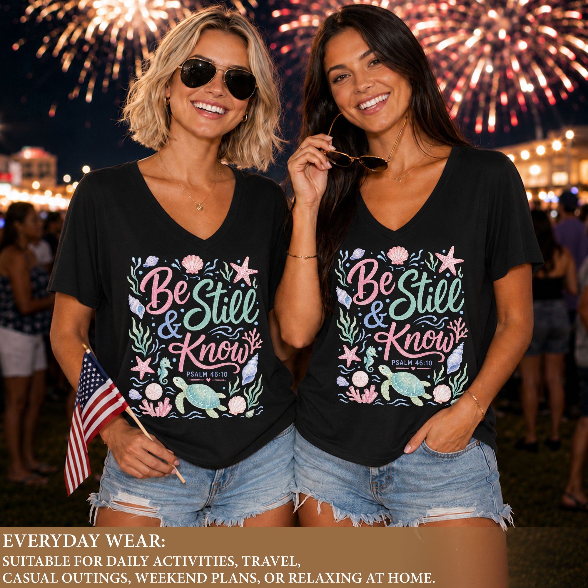 Be Still And Know Sea Turtle Ocean Psalm 46 10 Graphic Christian V Neck Shirt Women