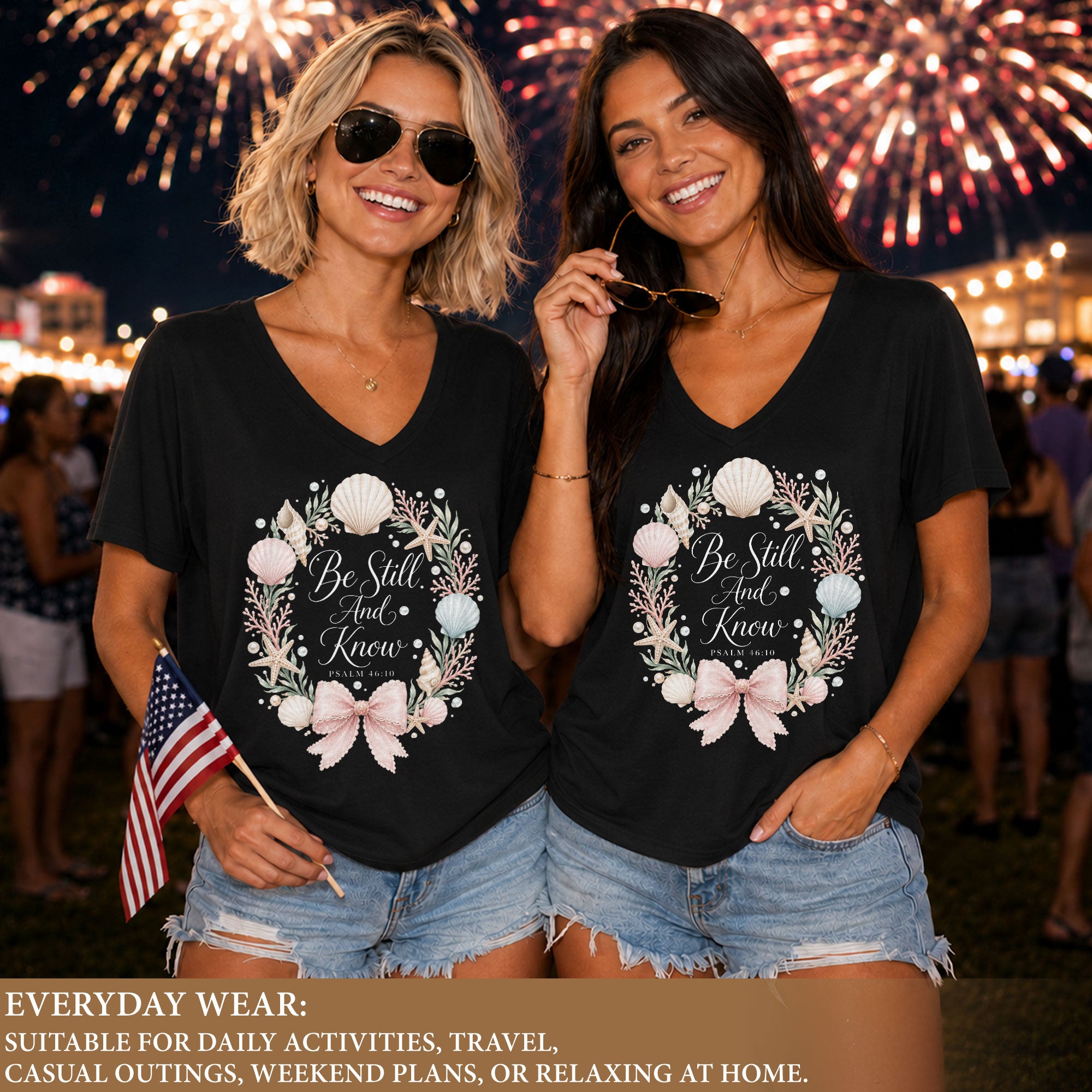 Be Still And Know Seashell Floral Wreath Psalm 46 10 Christian V Neck Shirt Women