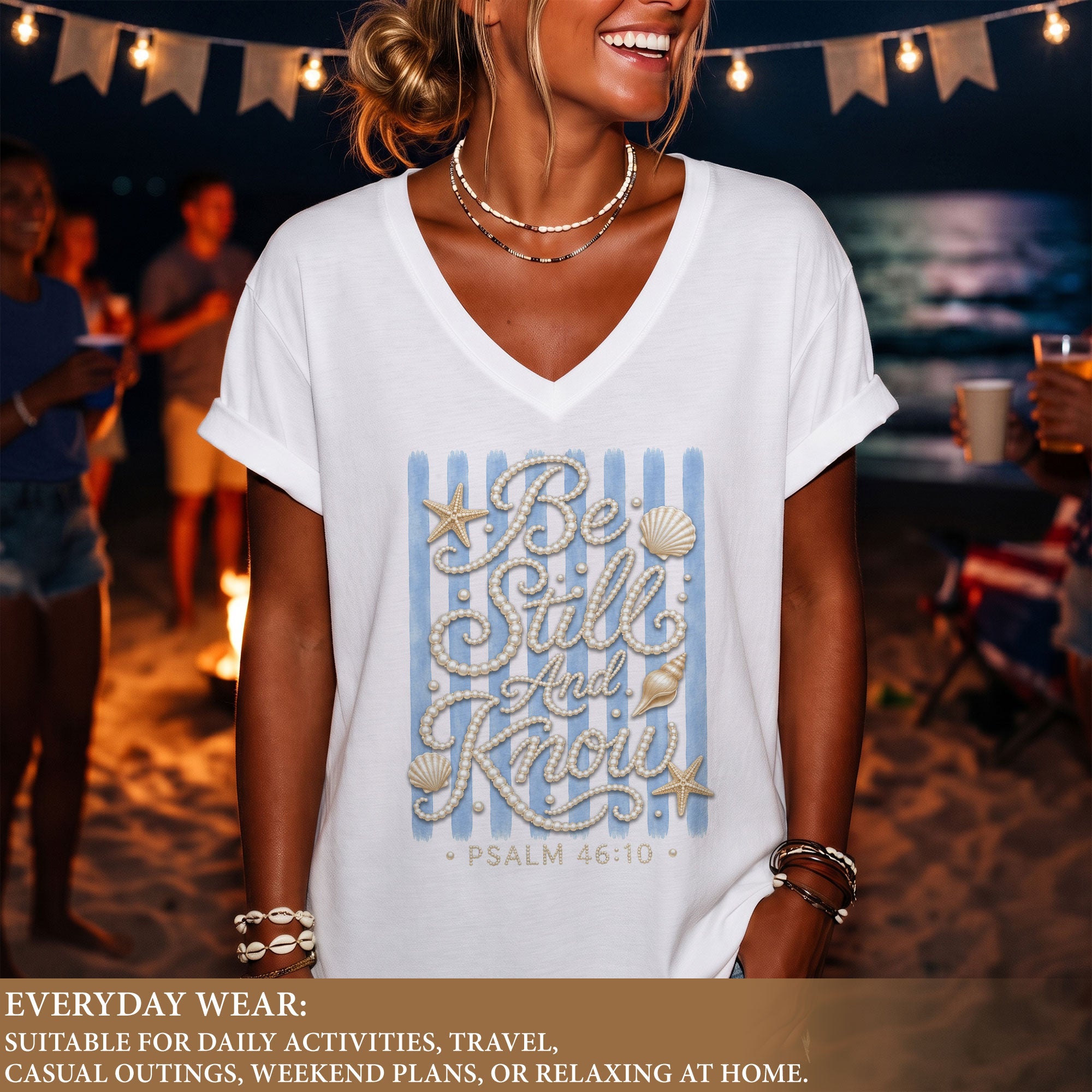 Be Still And Know Pearl Stripes Seashells Psalm 46 10 Christian V Neck Shirt Women