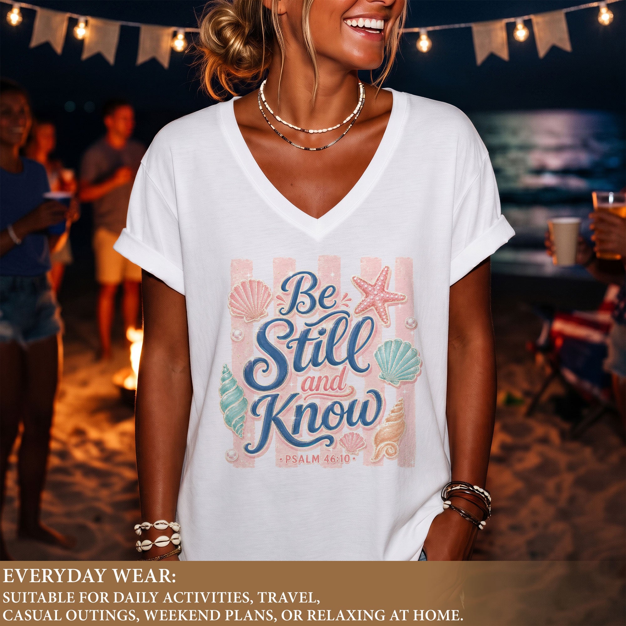 Be Still And Know Pink Stripes Seashells Psalm 46 10 Christian V Neck Shirt Women