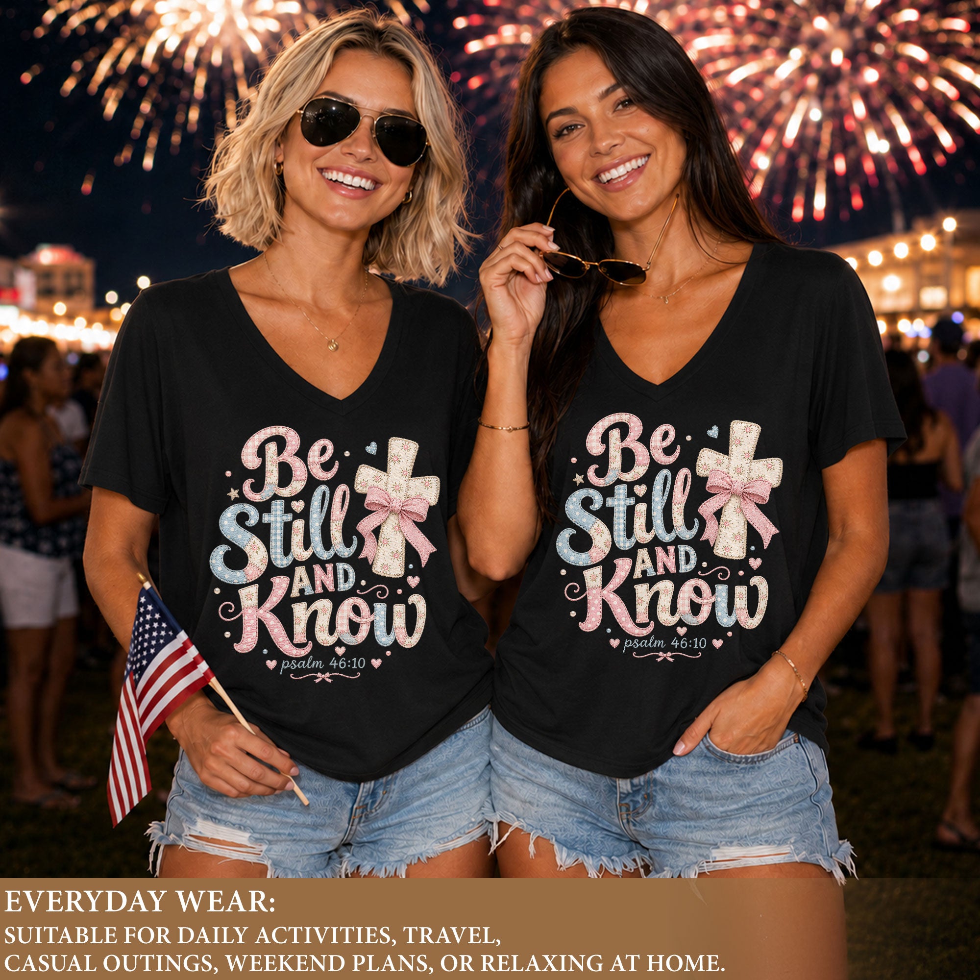 Be Still And Know Pastel Patchwork Cross Psalm 46 10 Christian V Neck Shirt Women