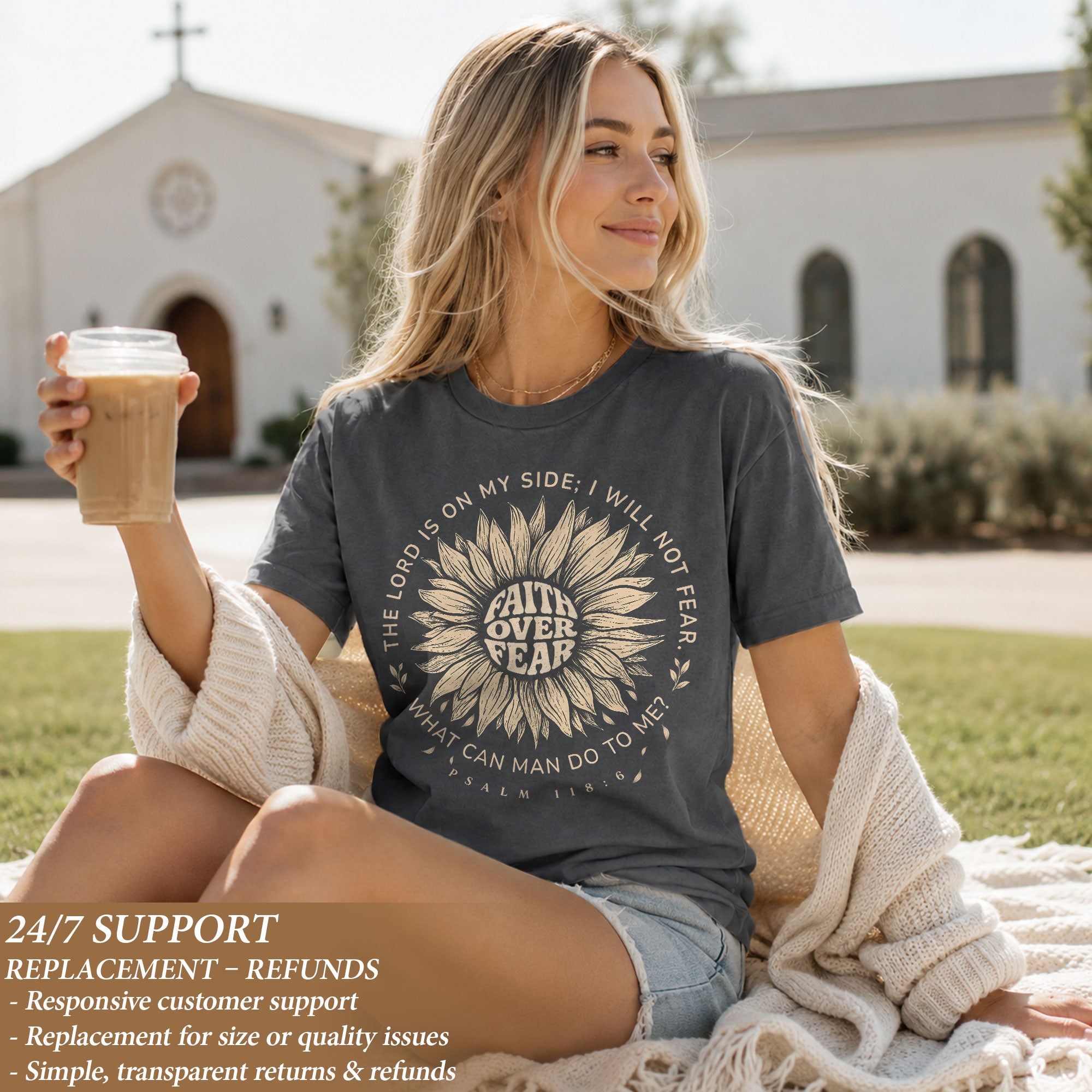 Faith Over Fear Sunflower Christian Women Shirt Inspirational Psalm Scripture Graphic Tee