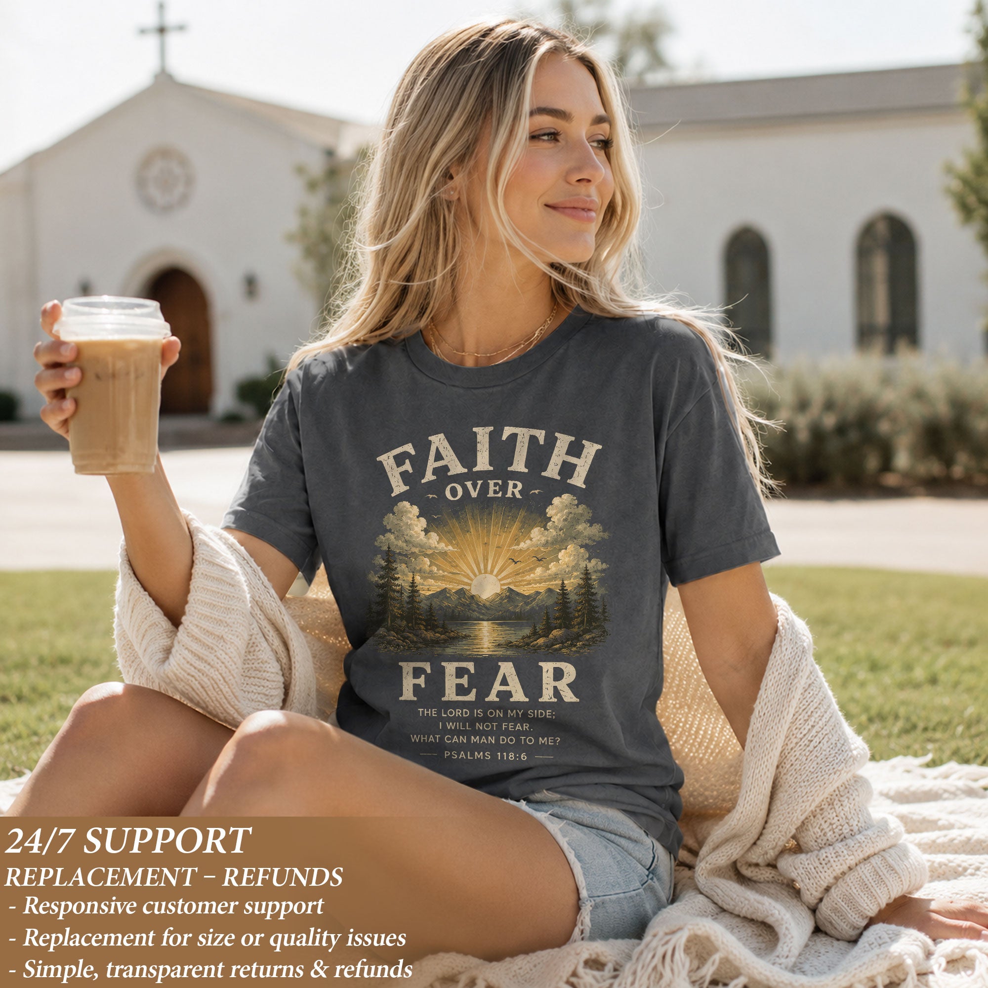 Faith Over Fear Christian Women Shirt Vintage Mountain Sunset Bible Verse T-Shirt