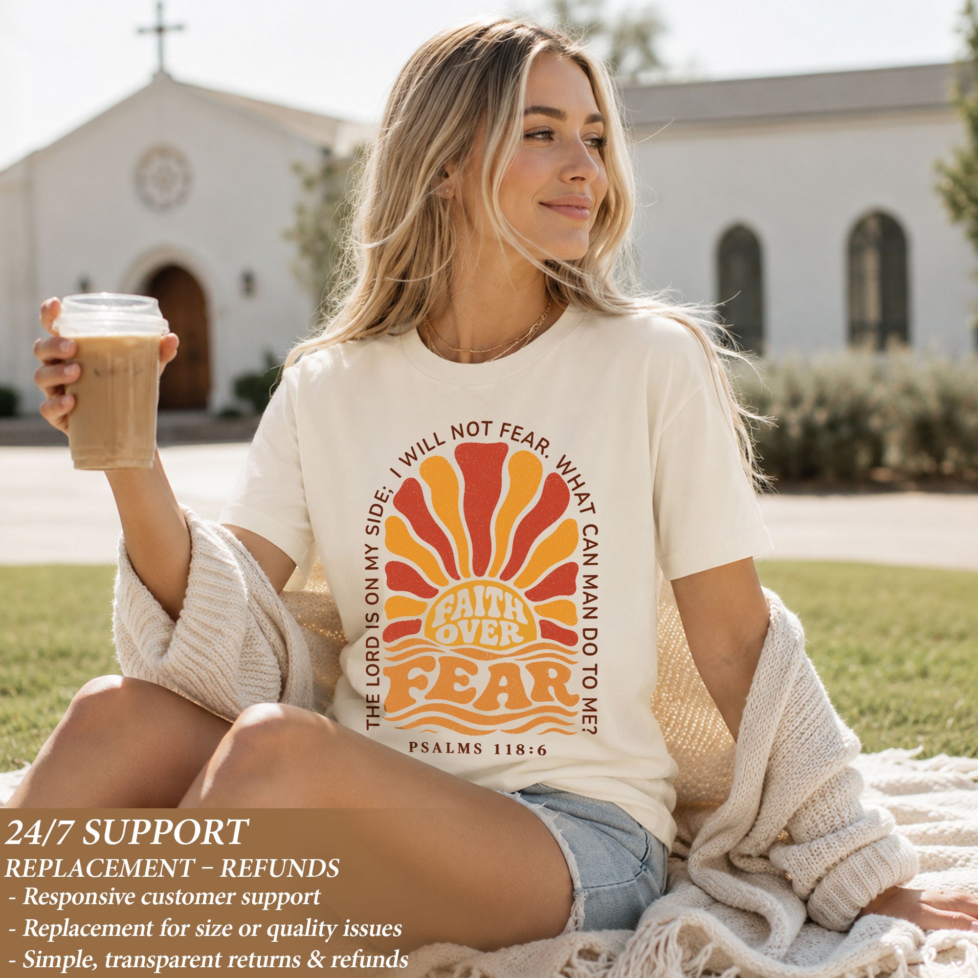 Faith Over Fear Christian Shirt Retro Sunburst Bible Verse Women T-Shirt Tee Gift - Rust Field Wear