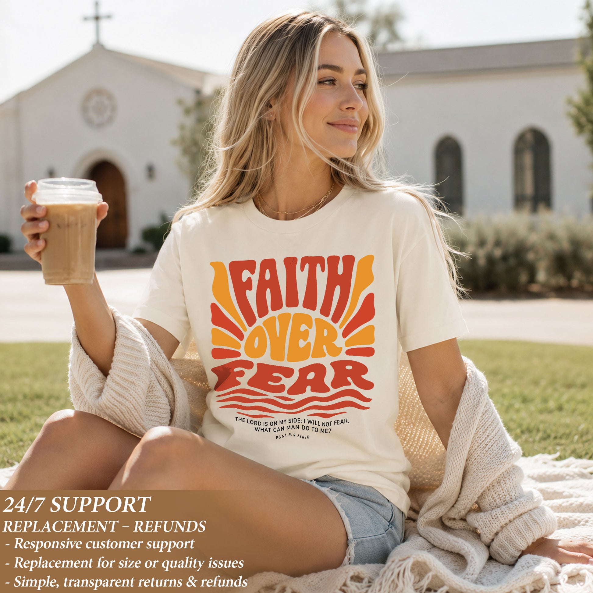 Faith Over Fear Christian Women Shirt Retro Wavy Font Graphic T-Shirt Psalms 118:6 - Rust Field Wear