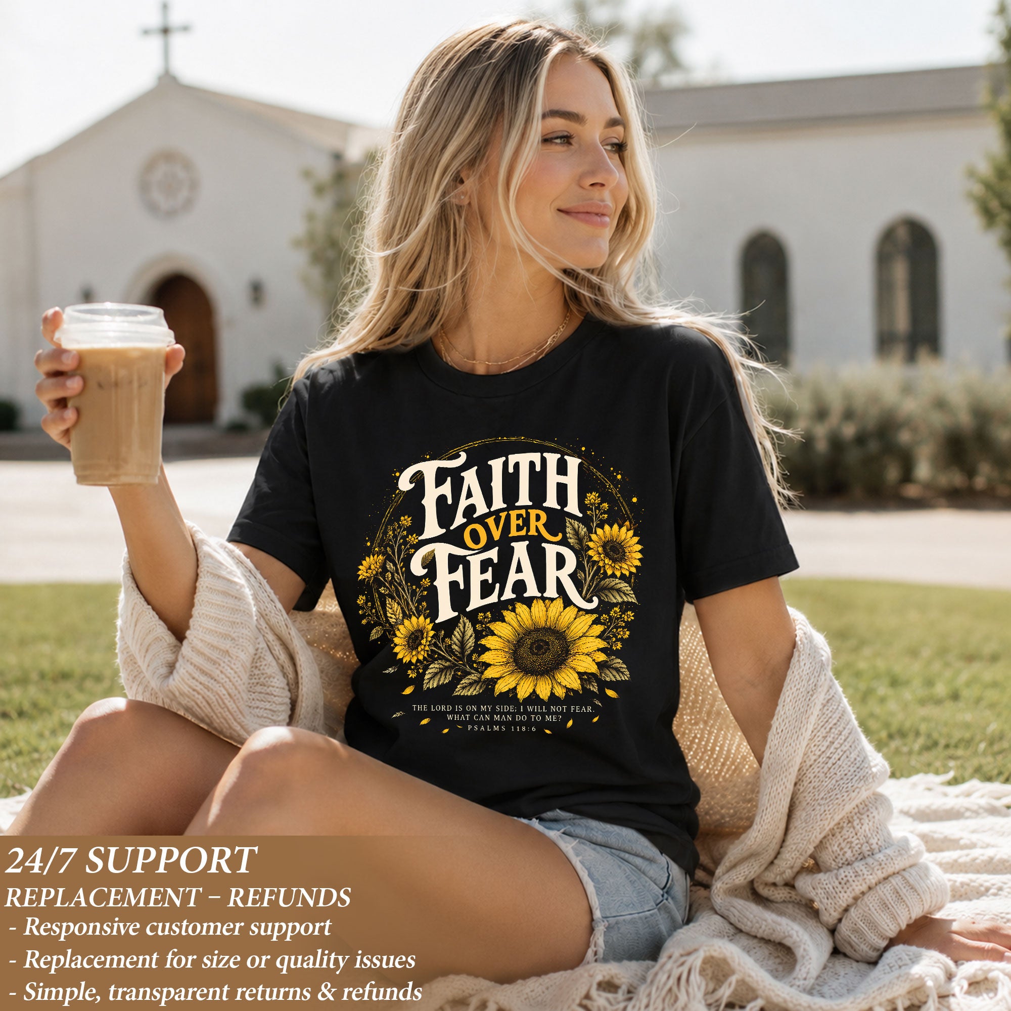 Faith Over Fear Sunflower T-Shirt Christian Verse Psalms 118:6 Floral Gift Tee