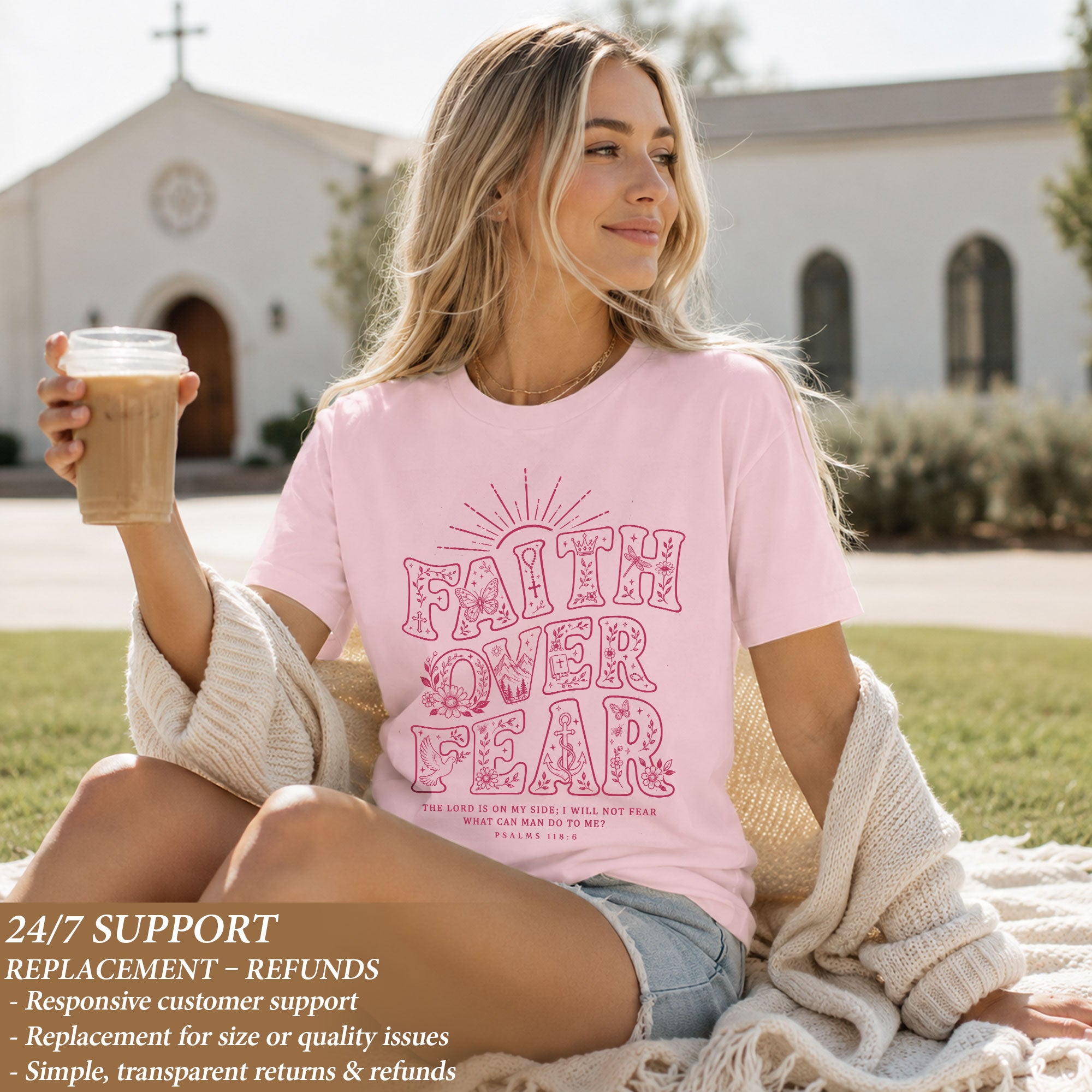 Faith Over Fear Christian Shirt Womens Bible Verse T-Shirt Psalms 118 6 Jesus Tee