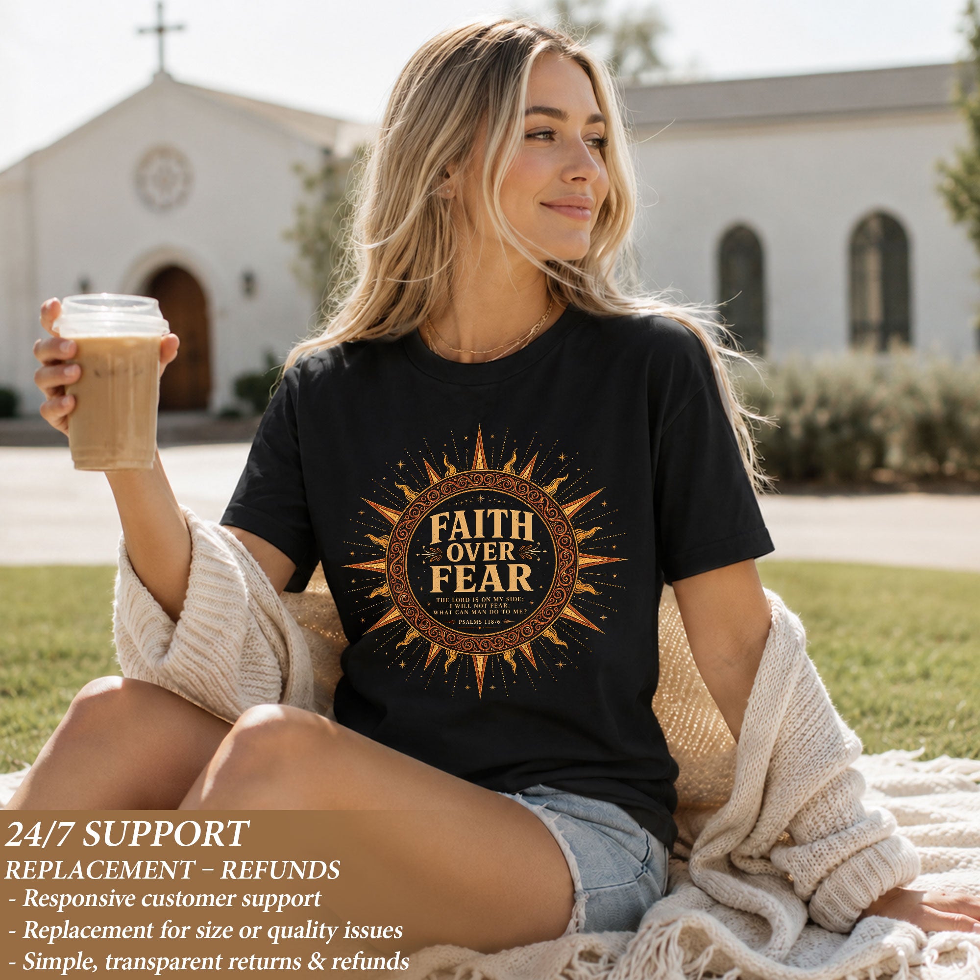 Faith Over Fear T Shirt Christian Women Sun Psalms 118 6 Religious Tee Apparel Top