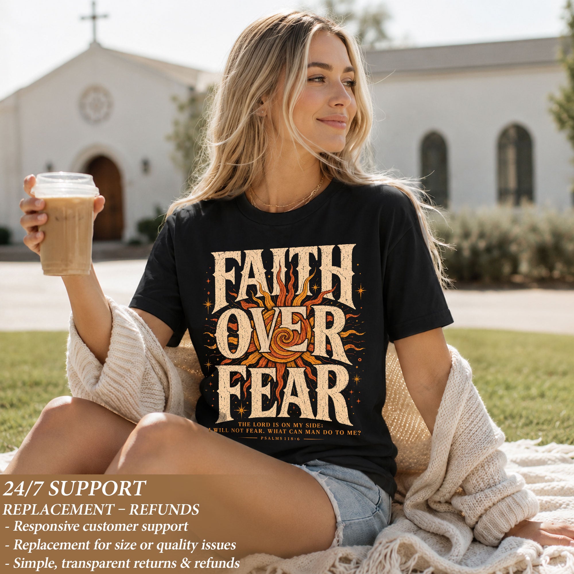 Faith Over Fear T Shirt Christian Women Big Bold Sun Psalm 118 6 Religious Tee Top