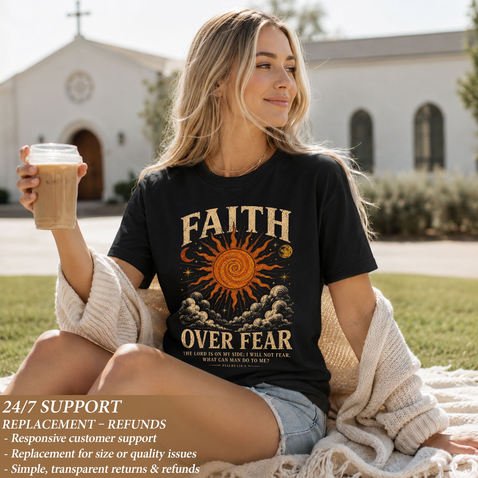Faith Over Fear T Shirt Christian Women Sun Moon Clouds Psalm 118 6 Religious Tee