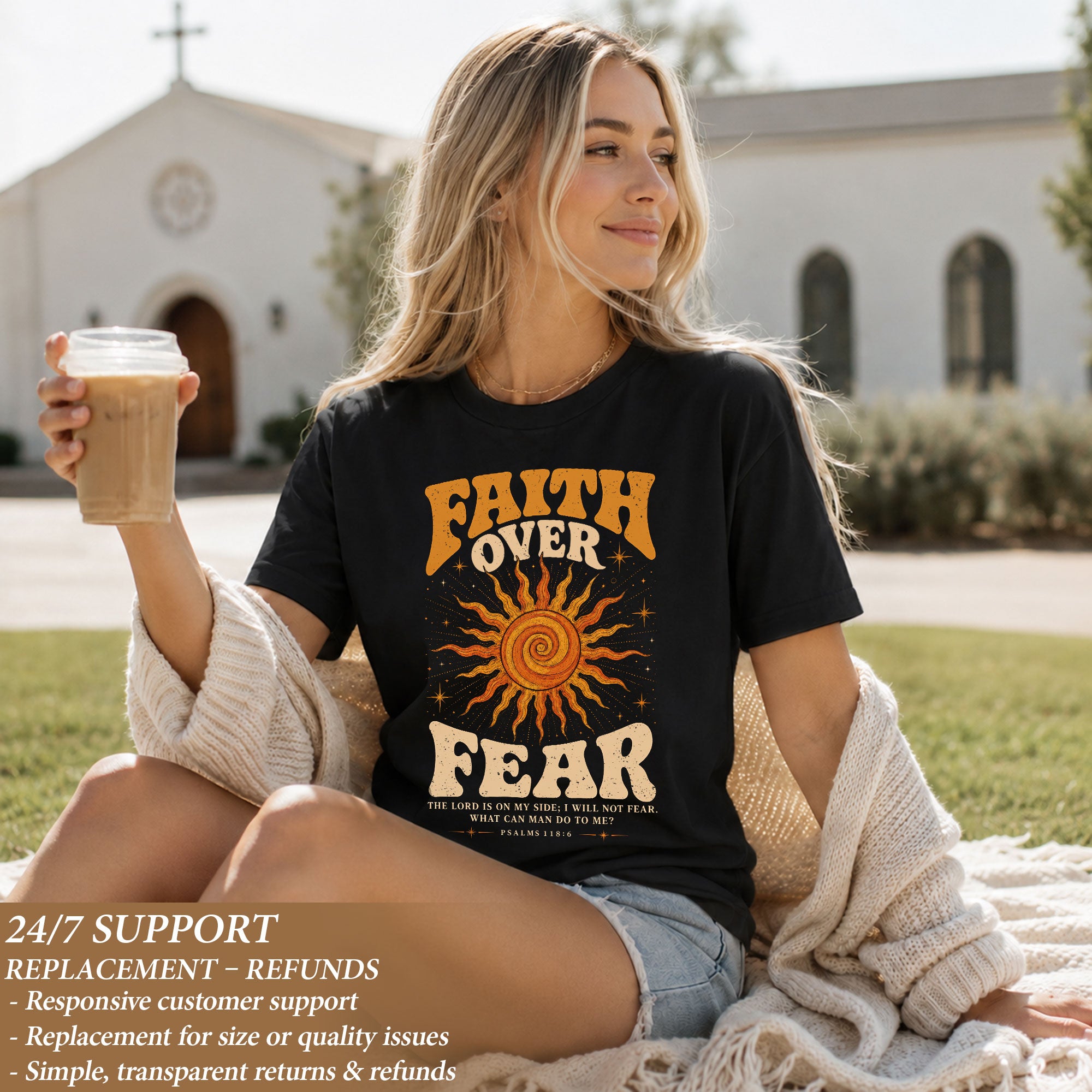 Faith Over Fear T Shirt Christian Women Retro Sun Stars Psalm 118 6 Religious Tee