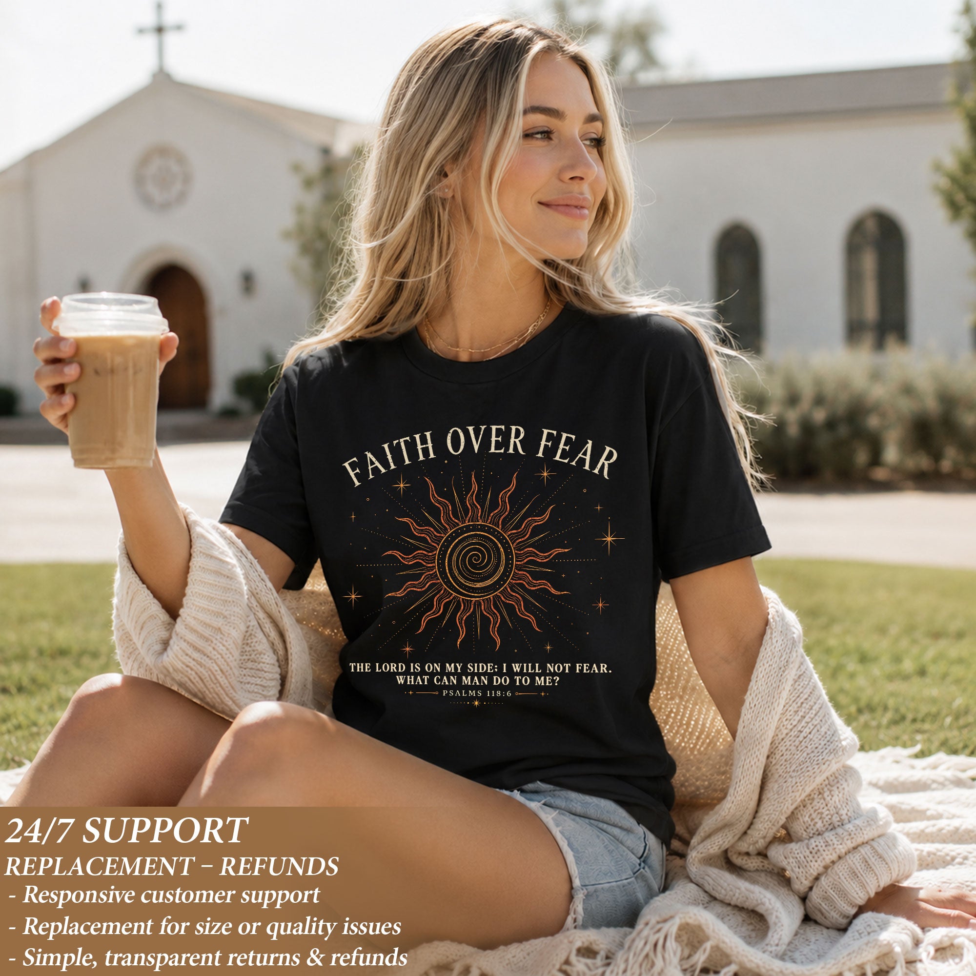 Faith Over Fear T Shirt Christian Women Radiant Sun Psalms 118 6 Religious Tee Top