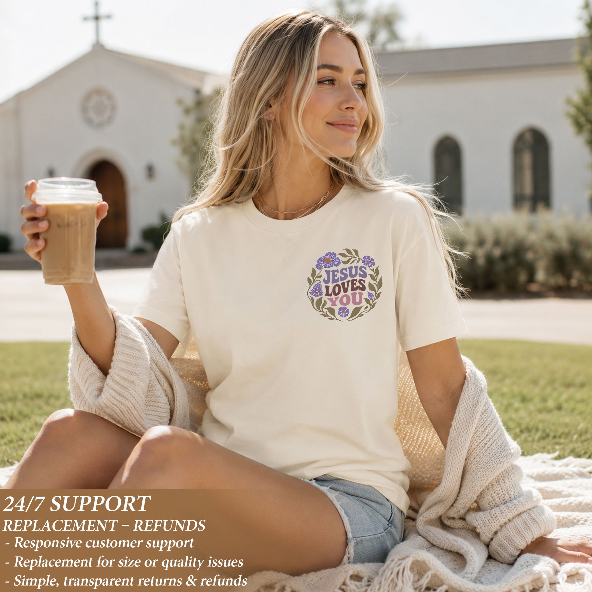 Jesus Loves You Retro Purple Floral 1 John 4 19 Christian T Shirt Apparel Women Top - Rust Field Wear