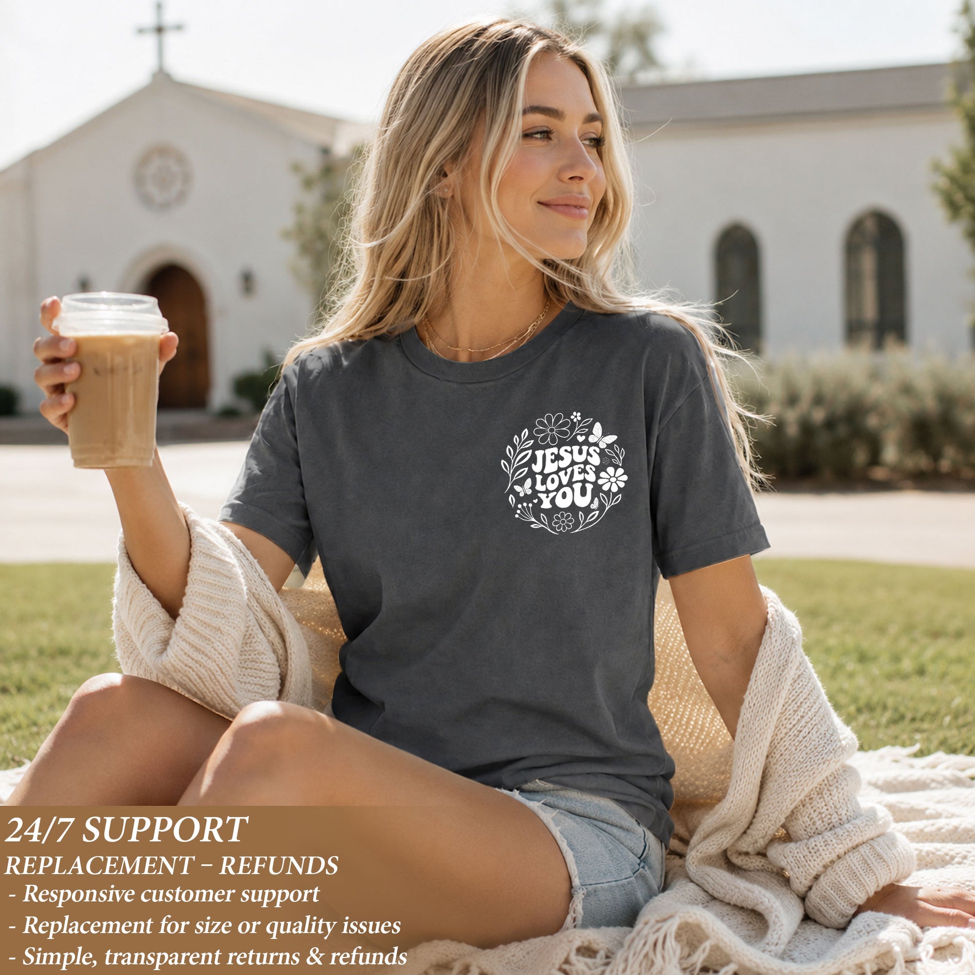 Jesus Loves You Retro Butterfly Floral 1 John 4 19 Christian T Shirt Apparel Women - Rust Field Wear
