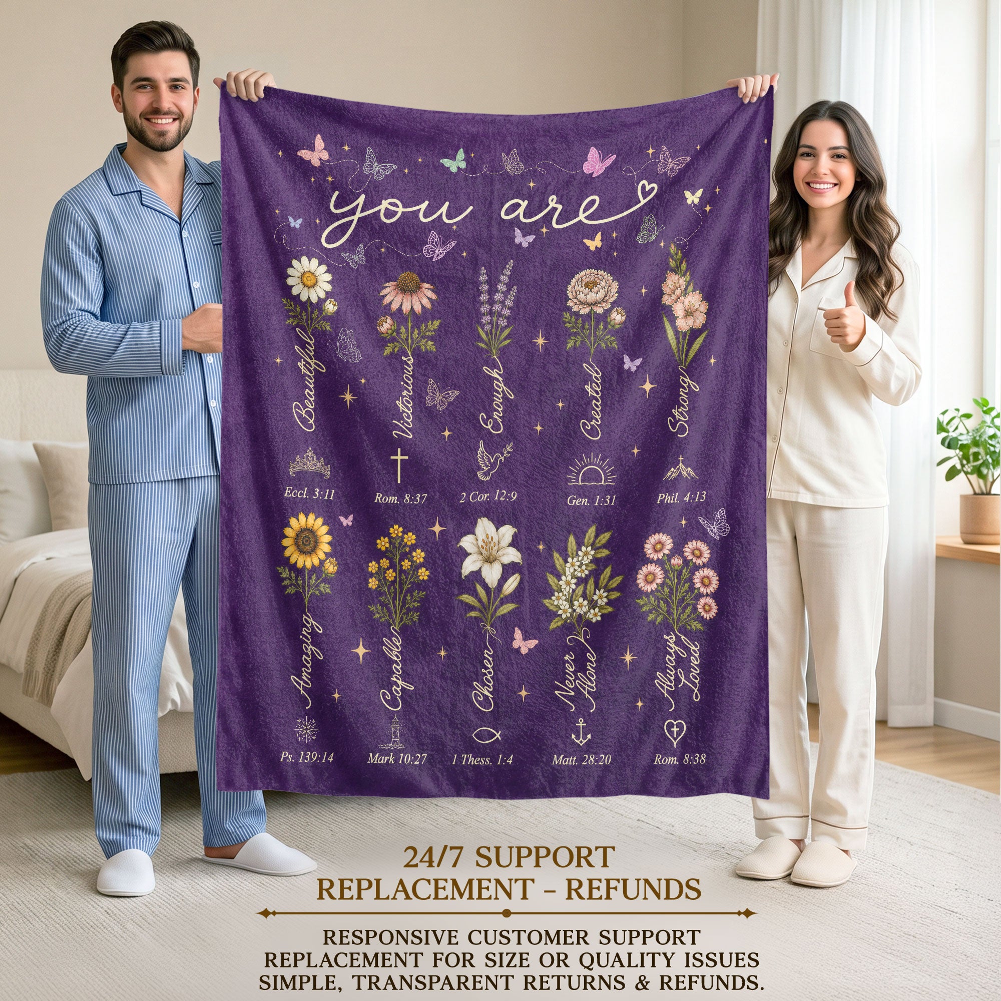 God Says You Are Blanket Purple Floral Christian Scripture Flannel Throw Blanket