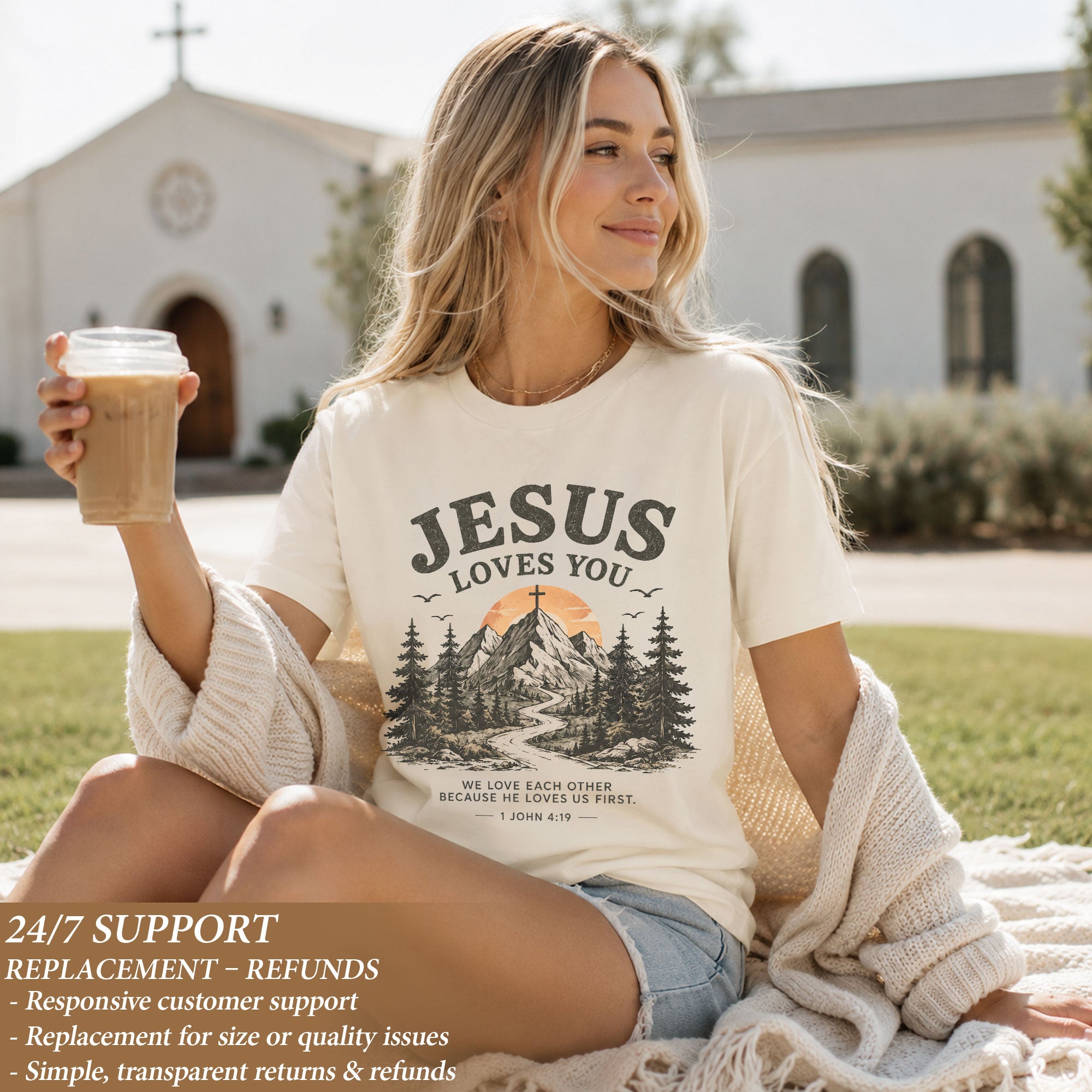 Jesus Loves You Shirt Mountain Christian Sunset Cross 1 John 4 19 Faith Graphic Tee