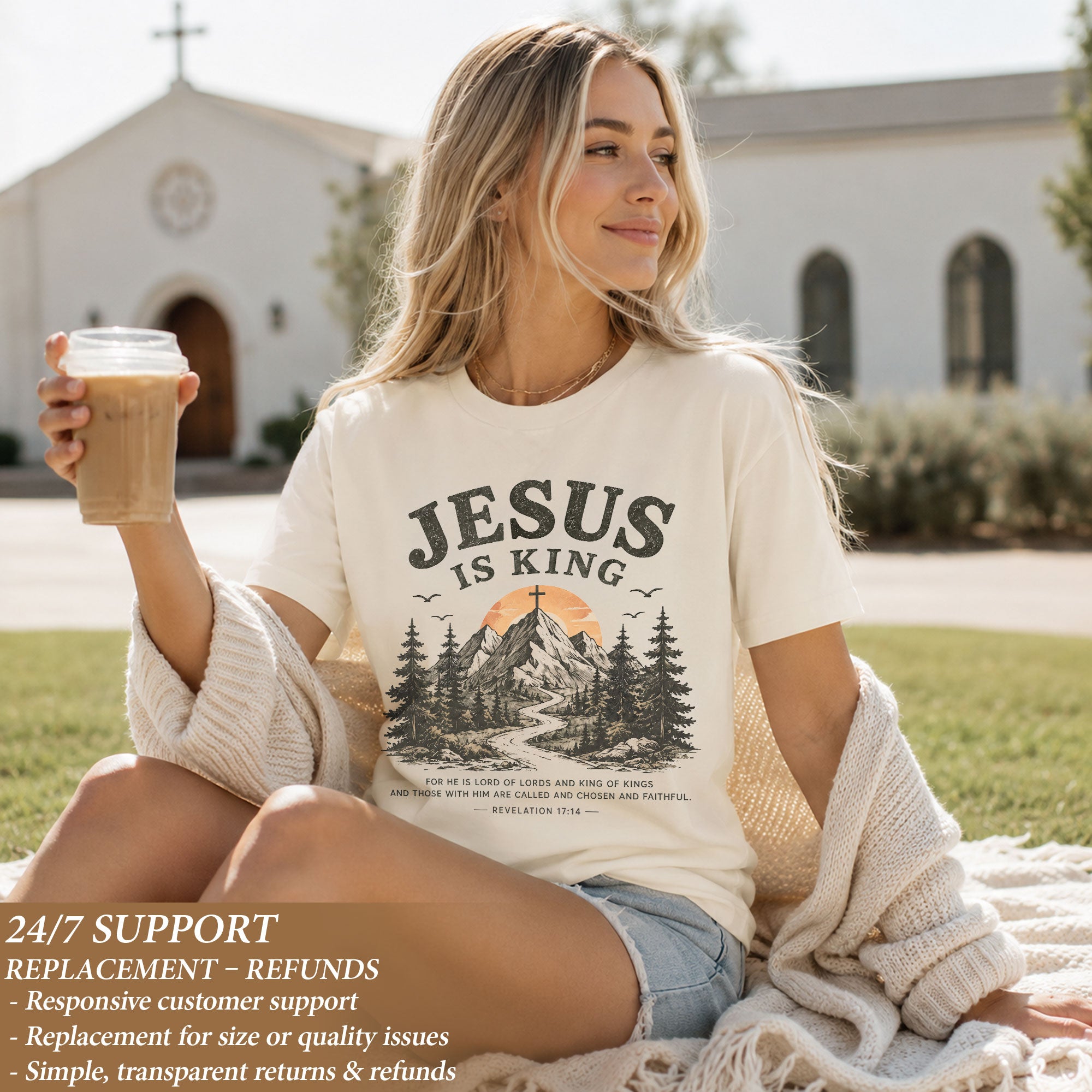 Jesus Is King Mountain Cross Trees Revelation 17 14 Graphic Christian T Shirt Women