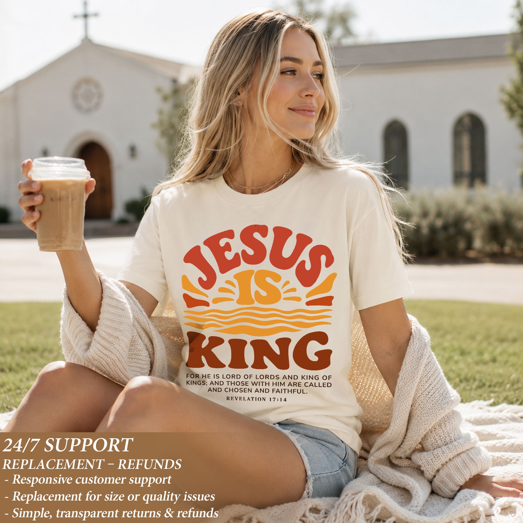 Jesus Is King Retro Sunset Waves Revelation 17 14 Graphic Christian T Shirt Women