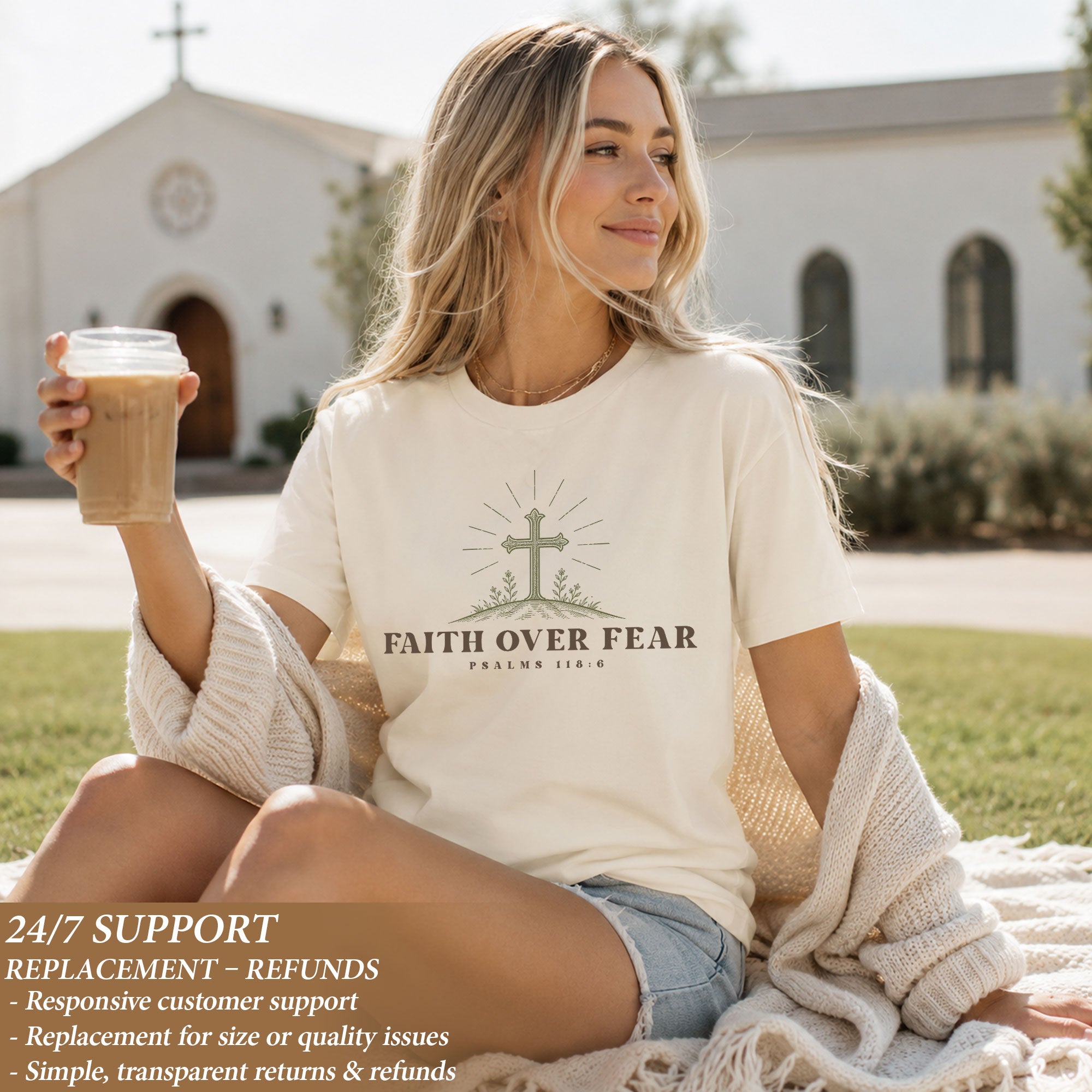 Faith Over Fear Shirt Christian Women Botanical Floral Cross Tee Psalm 118 Bible Verse