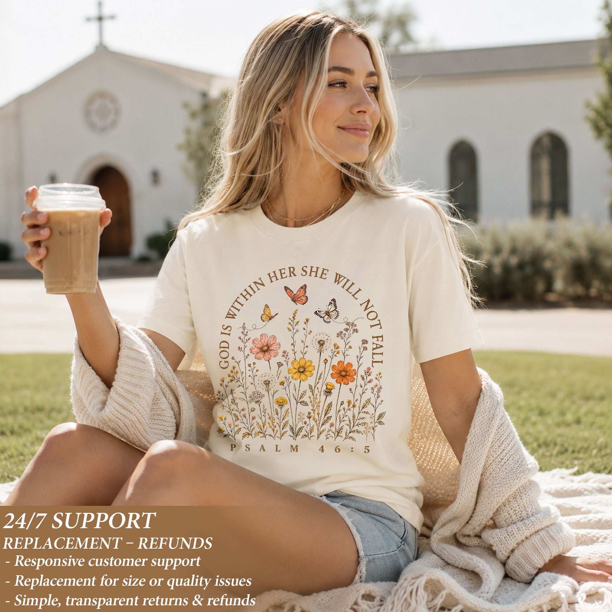God Is Within Her She Will Not Fall Shirt Butterfly Christian Psalm 46 5 Graphic Tee