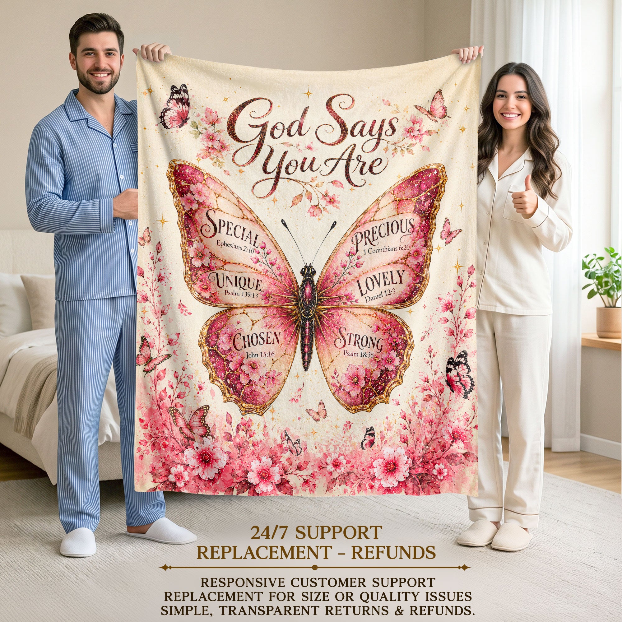 God Says You Are Pink Butterfly Blanket with Bible Verses Christian Floral Faith