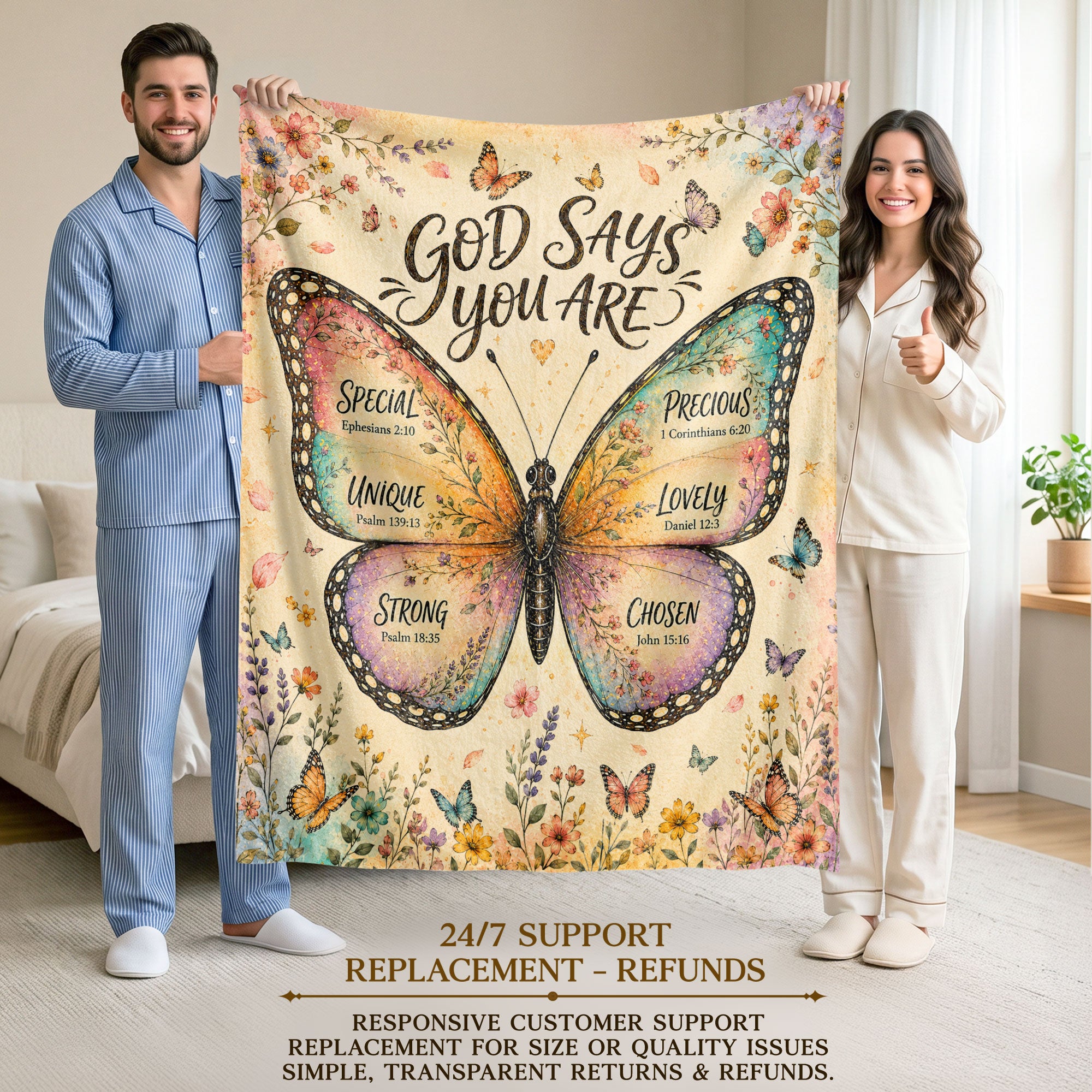 God Says You Are Butterfly Blanket with Bible Verses Christian Floral Inspiration