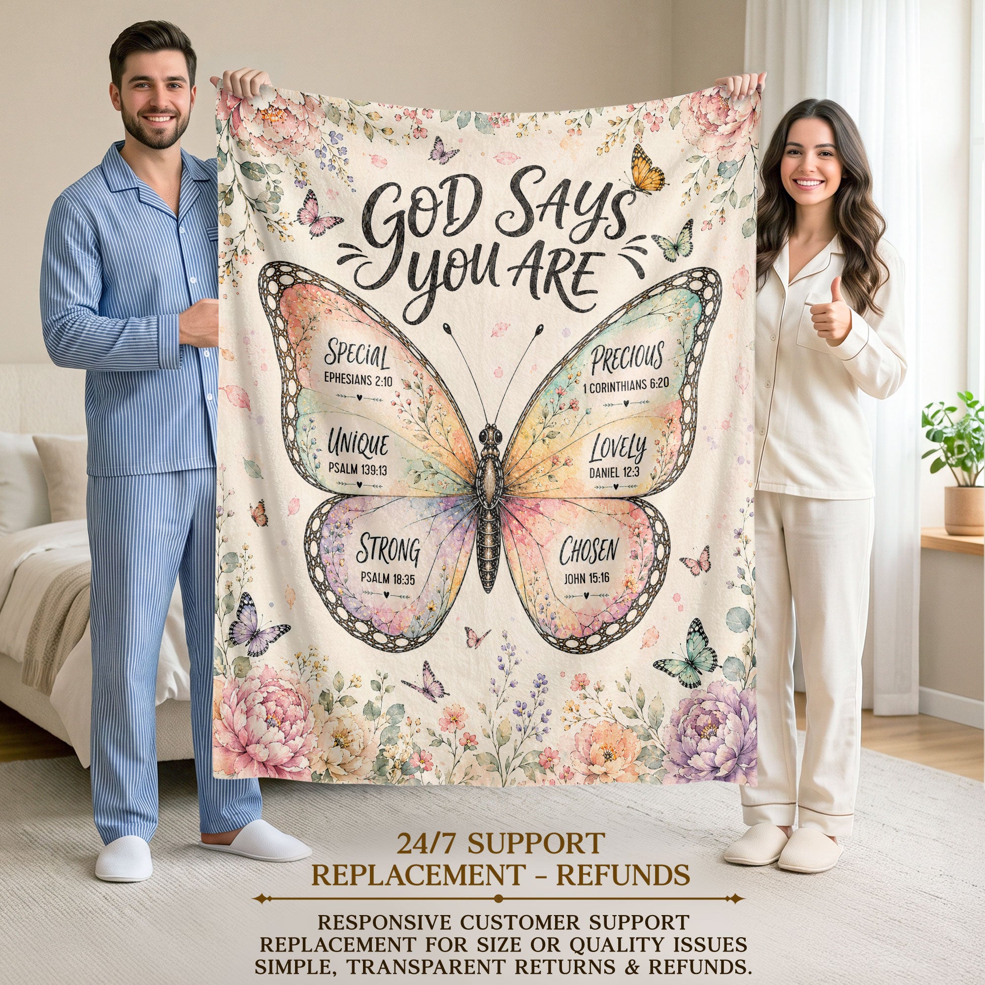 God Says You Are Butterfly Blanket with Bible Verses Christian Floral Faith Inspiration